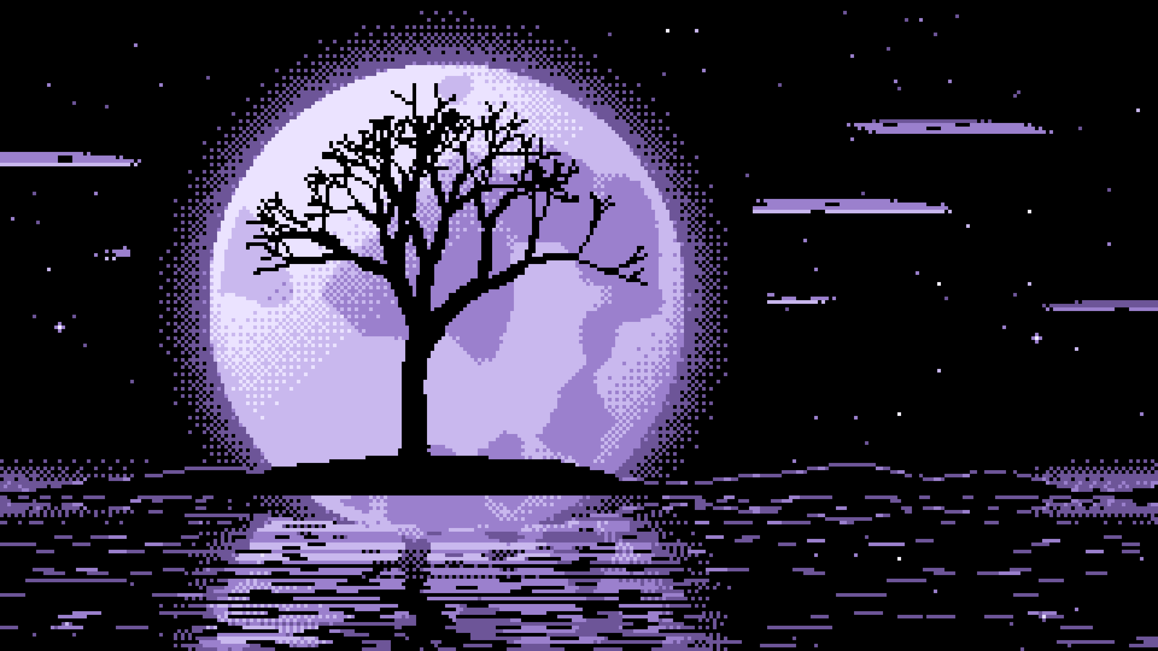 Lavender Pixel Art Lone Tree and Full Moon desktop wallpaper in 4K