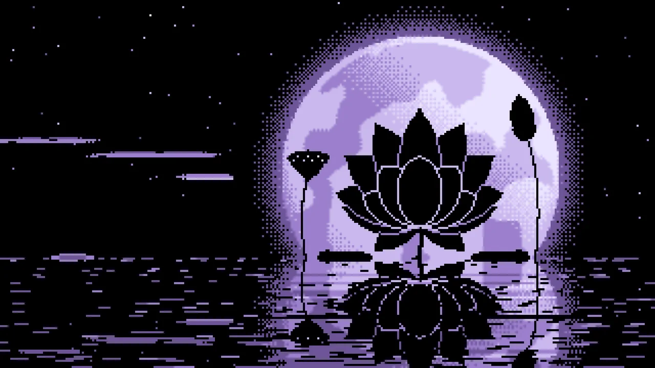 Lavender Pixel Art Lotus Flower and Full Moon desktop wallpaper in 4K