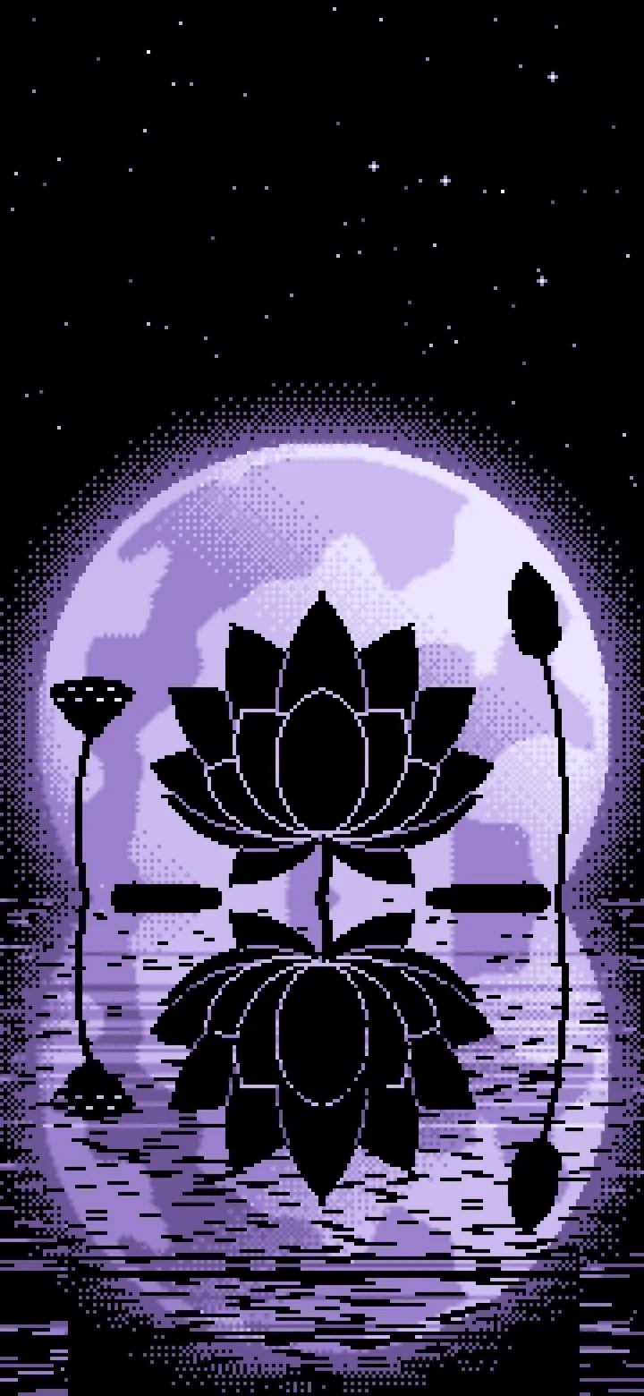 Lavender Pixel Art Lotus Flower and Full Moon wallpaper for iPhone and Android