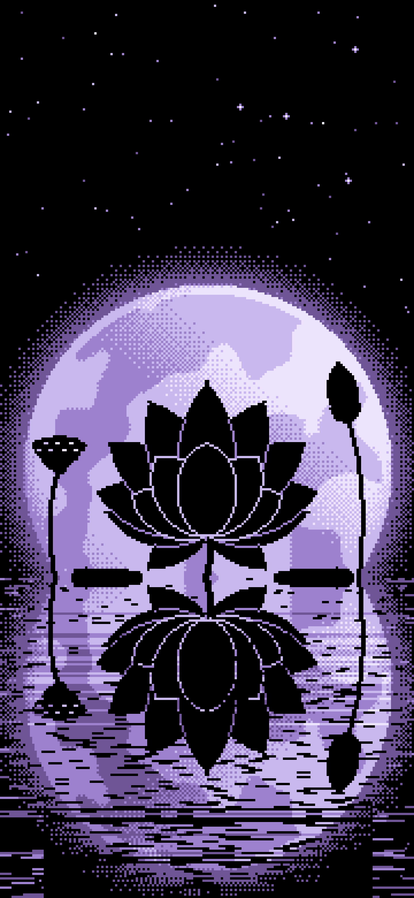 Lavender Pixel Art Lotus Flower and Full Moon wallpaper for iPhone and Android