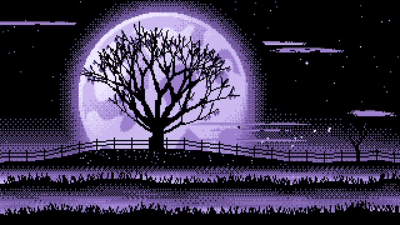 Lavender Pixel Art Maple Tree and Harvest Moon desktop wallpaper in 4K