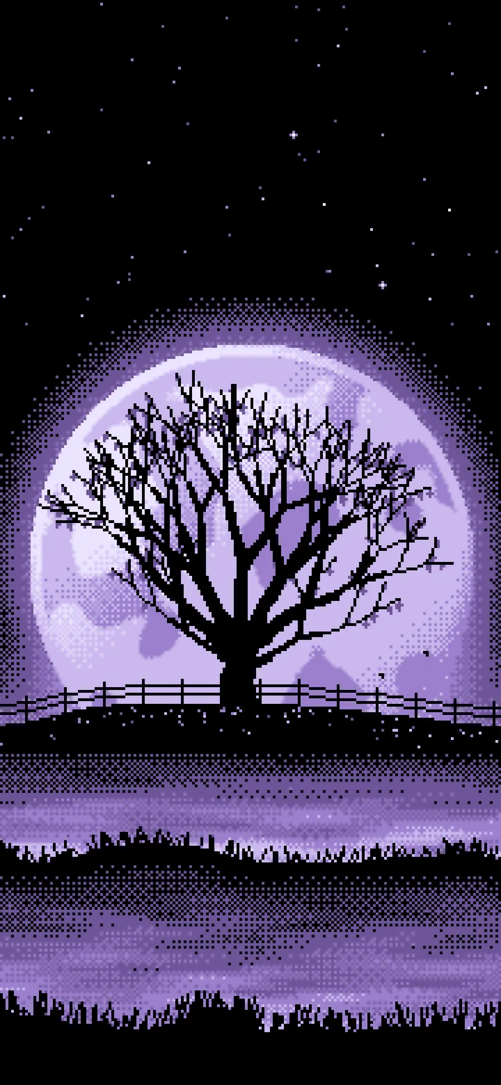 Lavender Pixel Art Maple Tree and Harvest Moon wallpaper for iPhone and Android