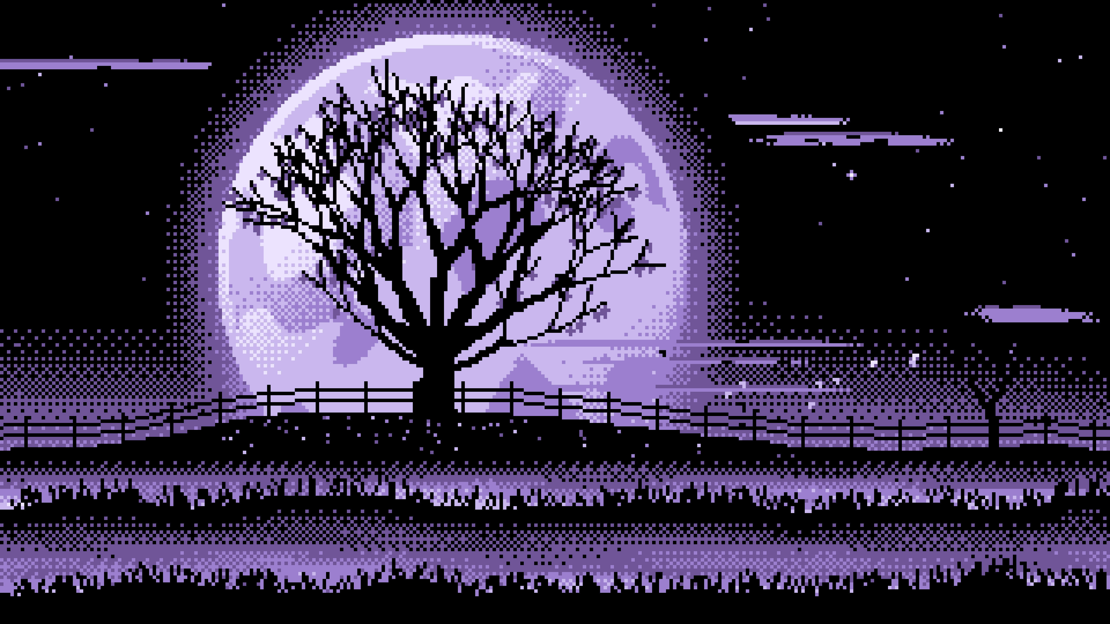 Lavender Pixel Art Maple Tree and Harvest Moon desktop wallpaper in 4K