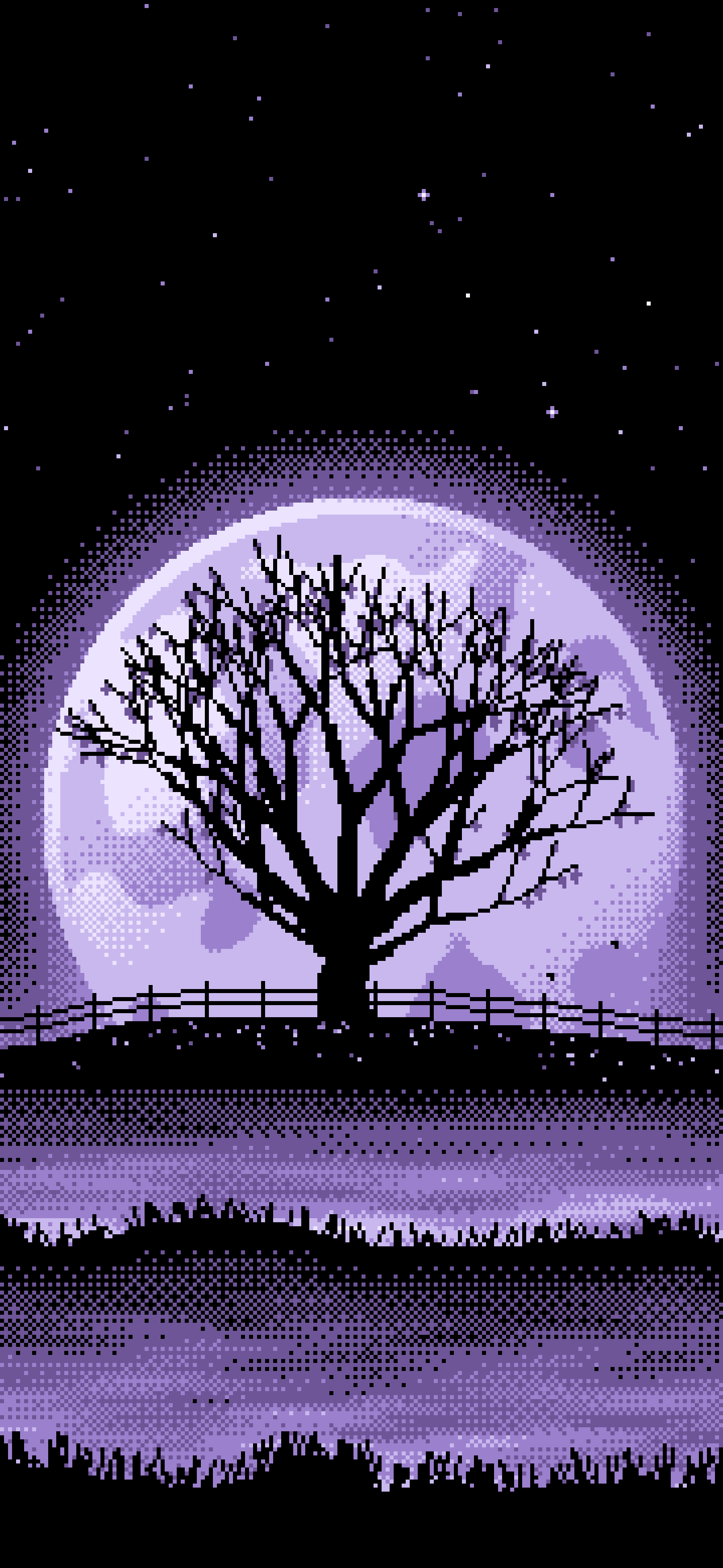 Lavender Pixel Art Maple Tree and Harvest Moon wallpaper for iPhone and Android