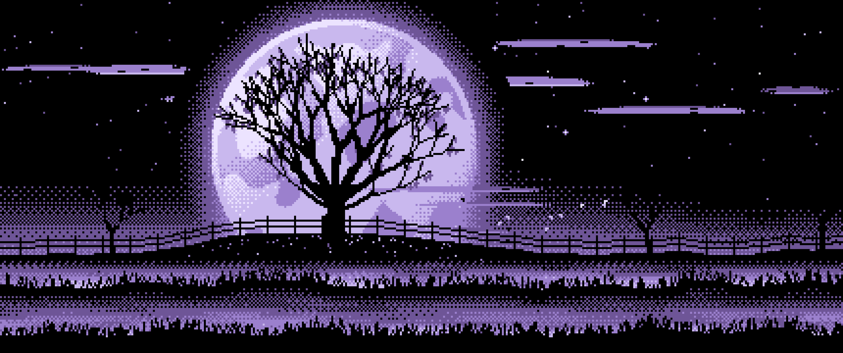 Lavender Pixel Art Maple Tree and Harvest Moon ultrawide wallpaper, 3440 × 1440