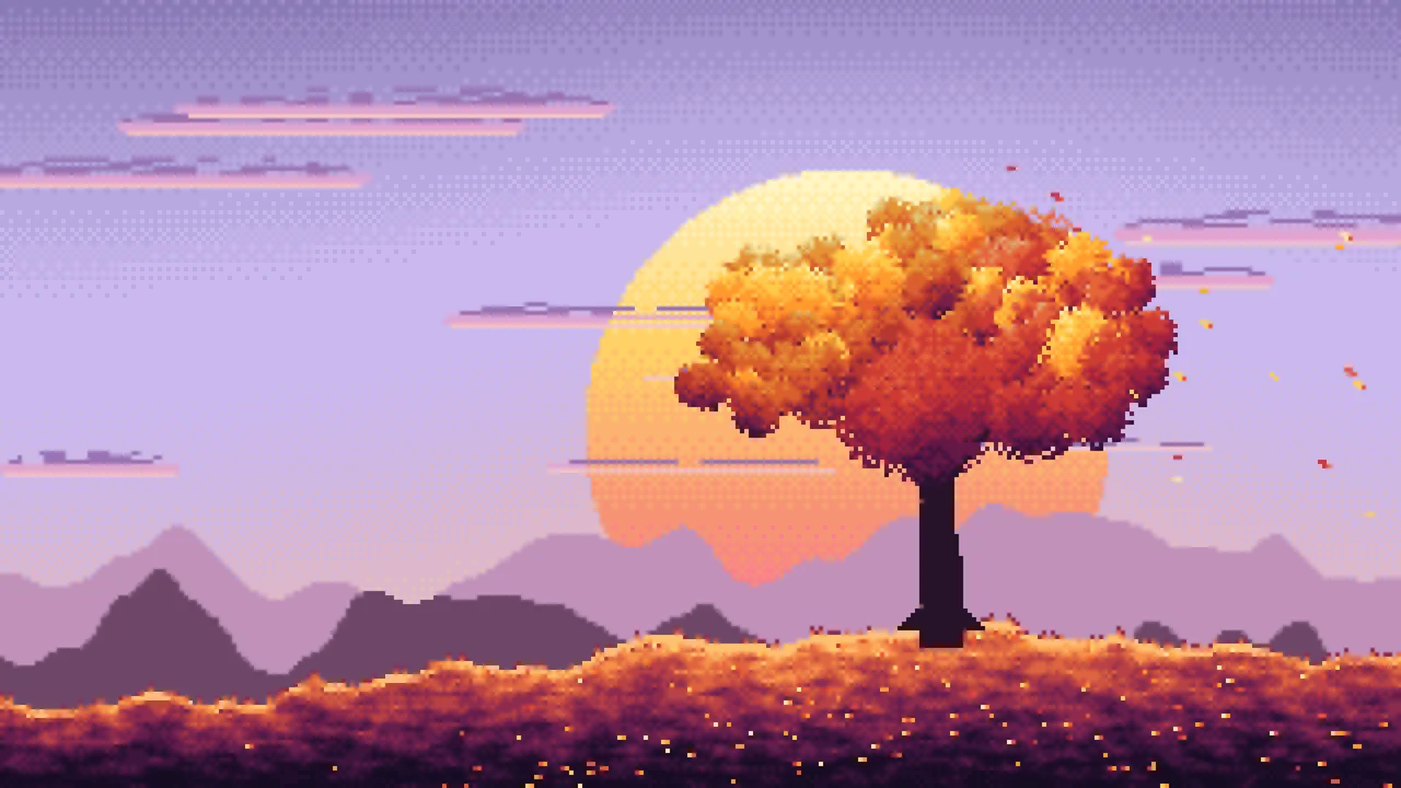 Lavender Pixel Art Maple Tree at Sunset desktop wallpaper in 4K