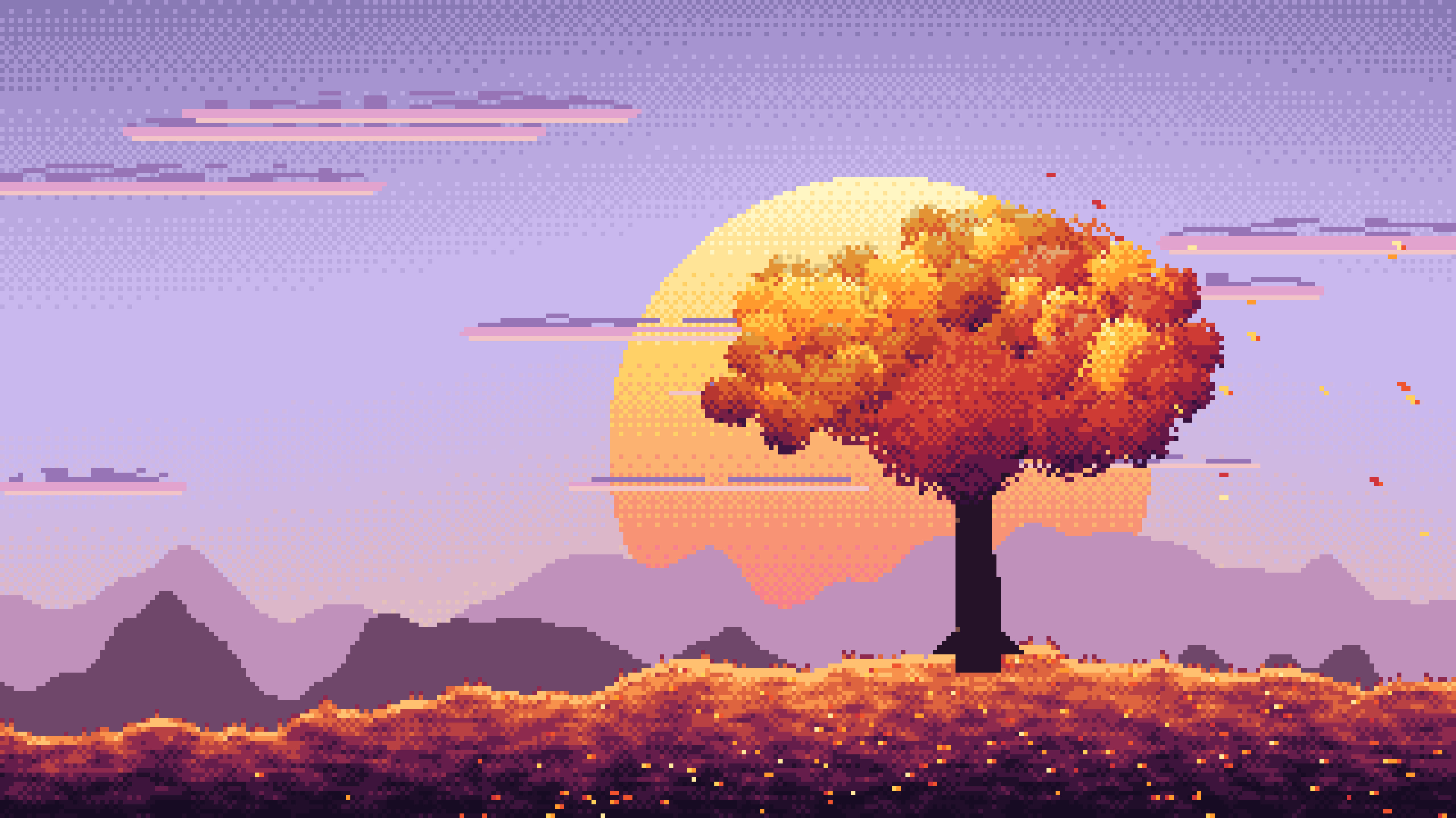 Lavender Pixel Art Maple Tree at Sunset desktop wallpaper in 4K