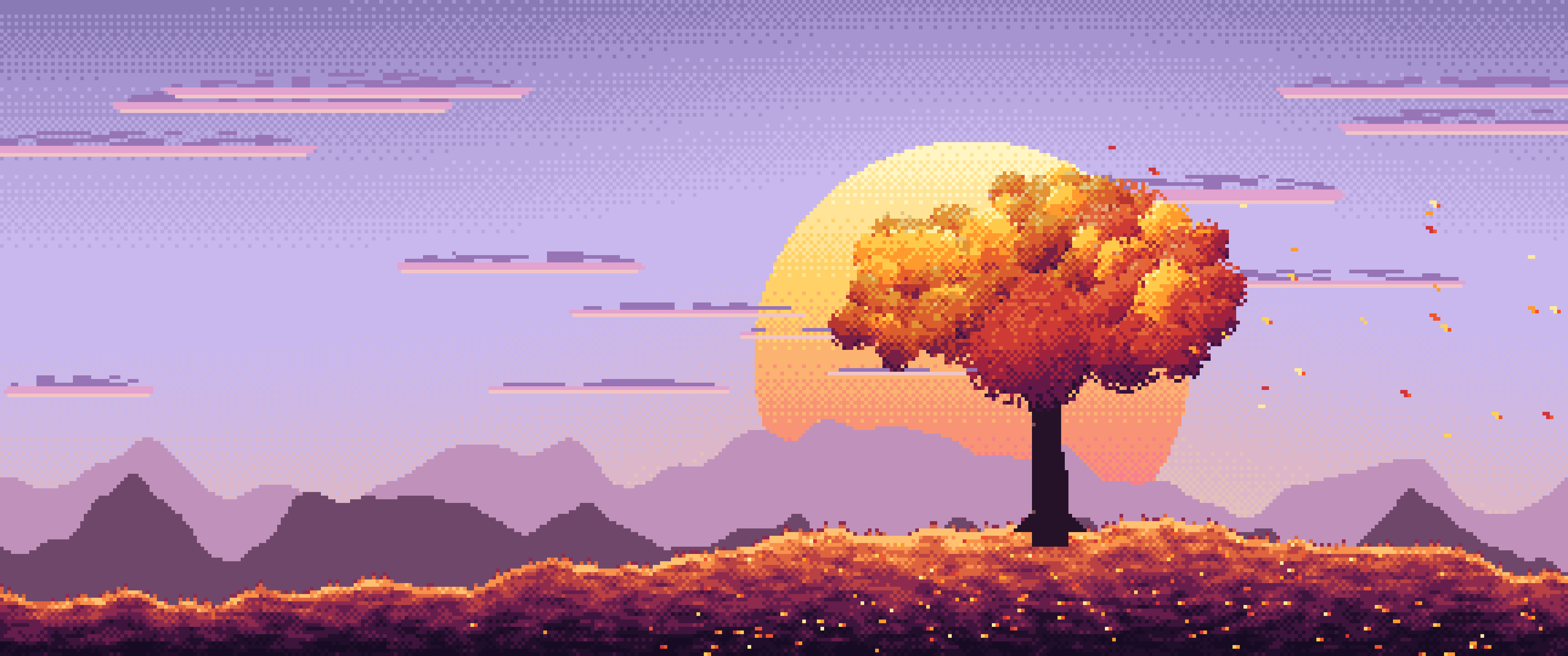 Lavender Pixel Art Maple Tree at Sunset ultrawide wallpaper, 3440 × 1440