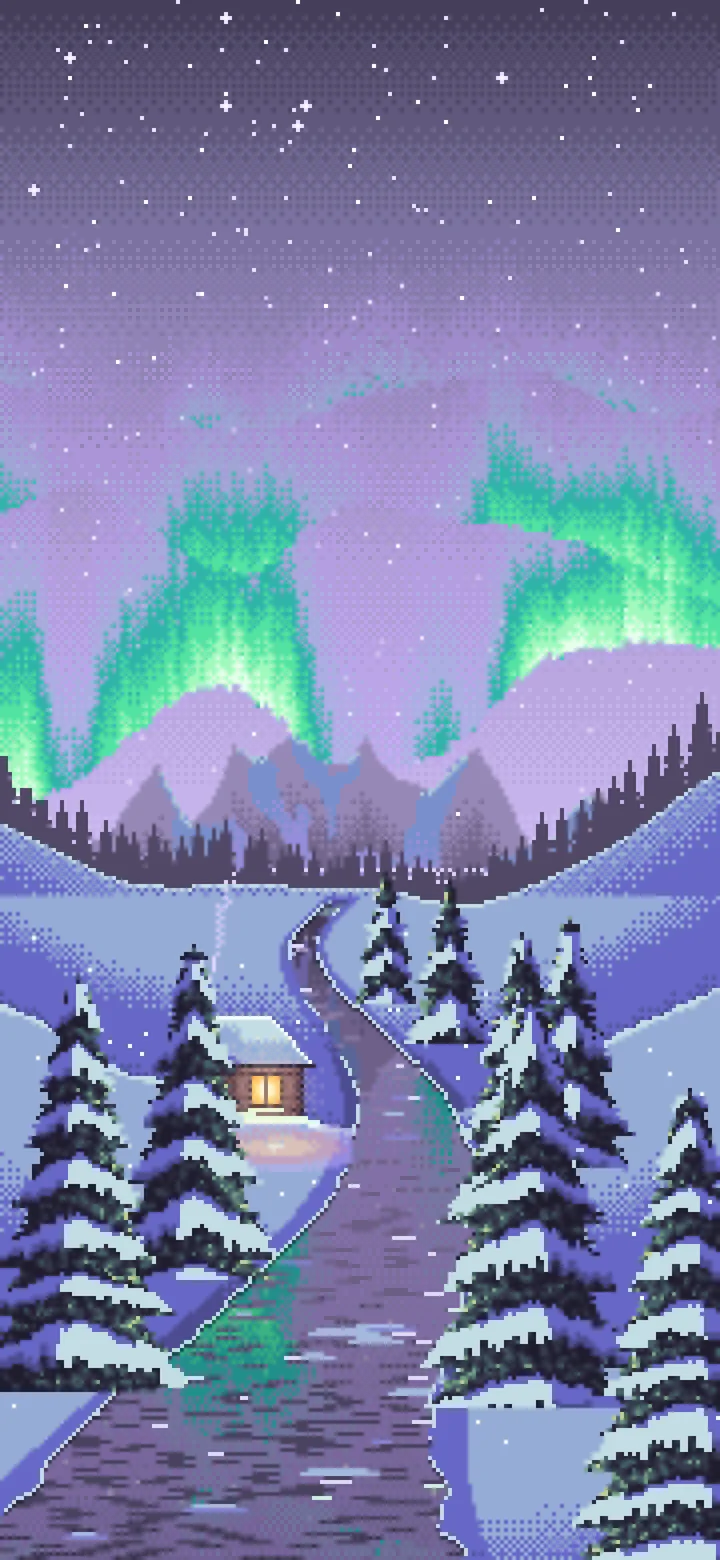 Lavender Pixel Art Northern Lights Over a Snowy Valley wallpaper for iPhone and Android