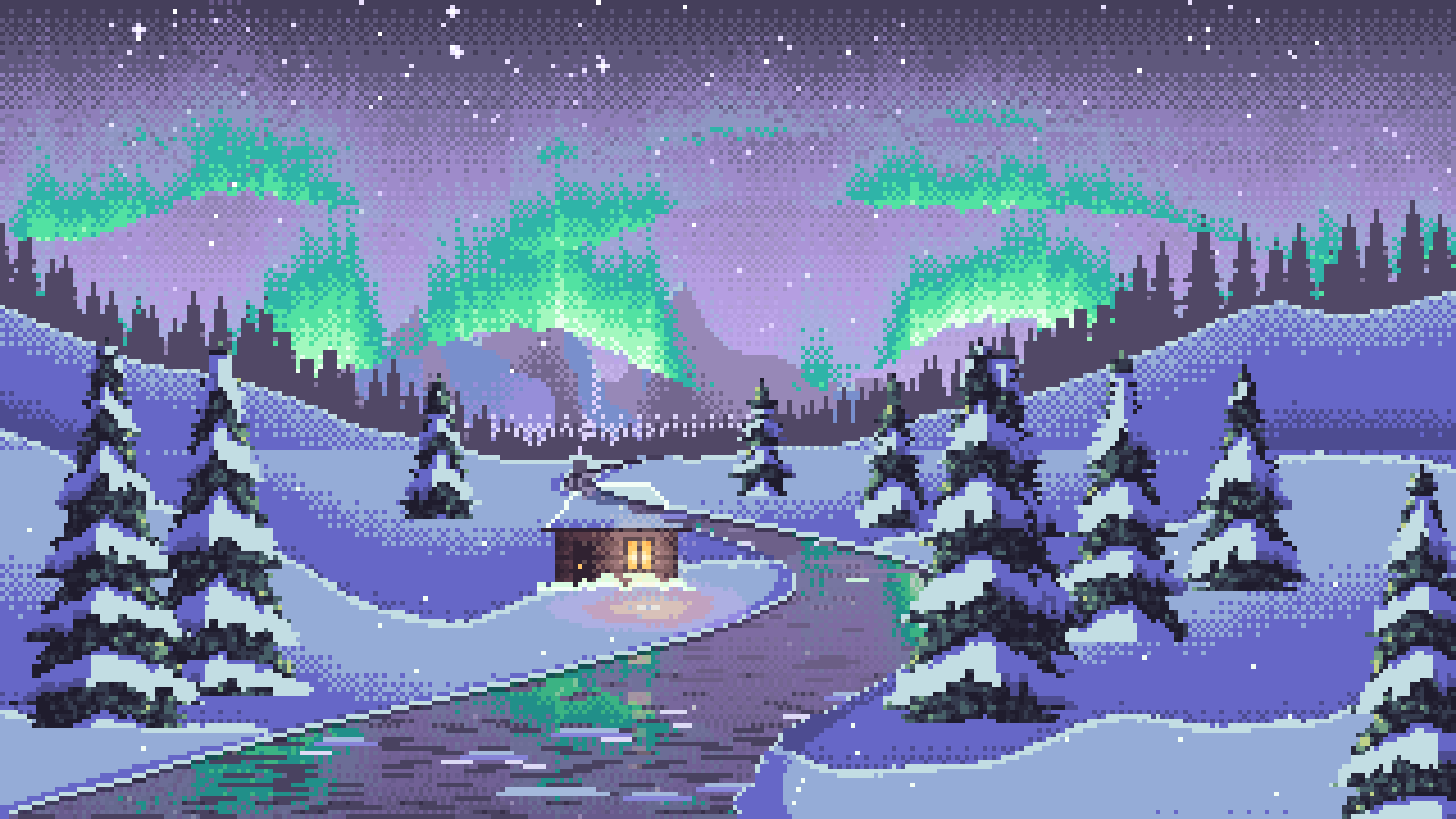 Lavender Pixel Art Northern Lights Over a Snowy Valley desktop wallpaper in 4K
