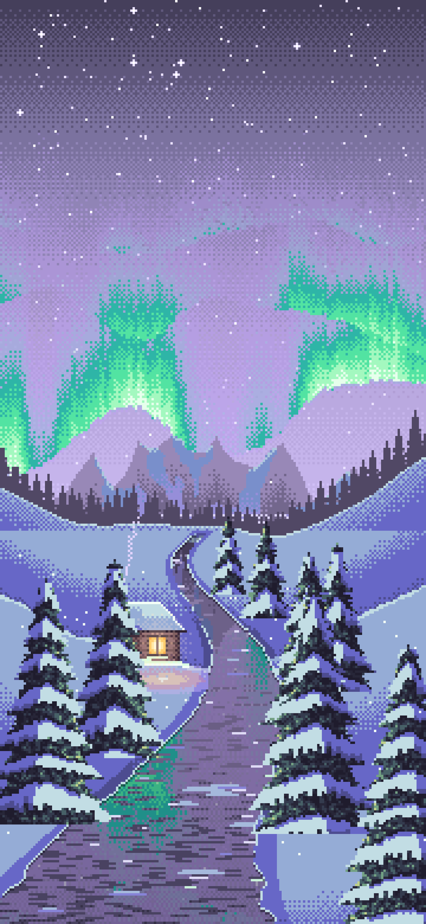 Lavender Pixel Art Northern Lights Over a Snowy Valley wallpaper for iPhone and Android