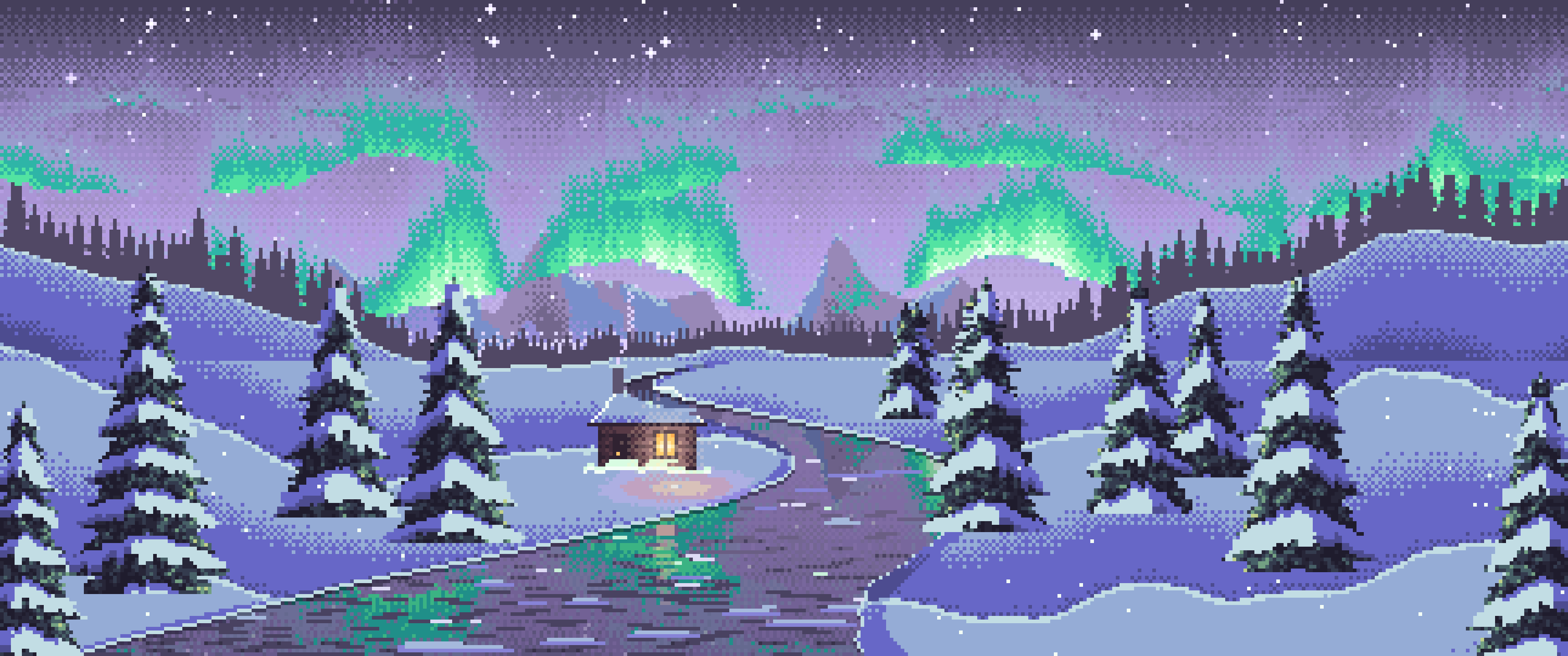 Lavender Pixel Art Northern Lights Over a Snowy Valley ultrawide wallpaper, 3440 × 1440