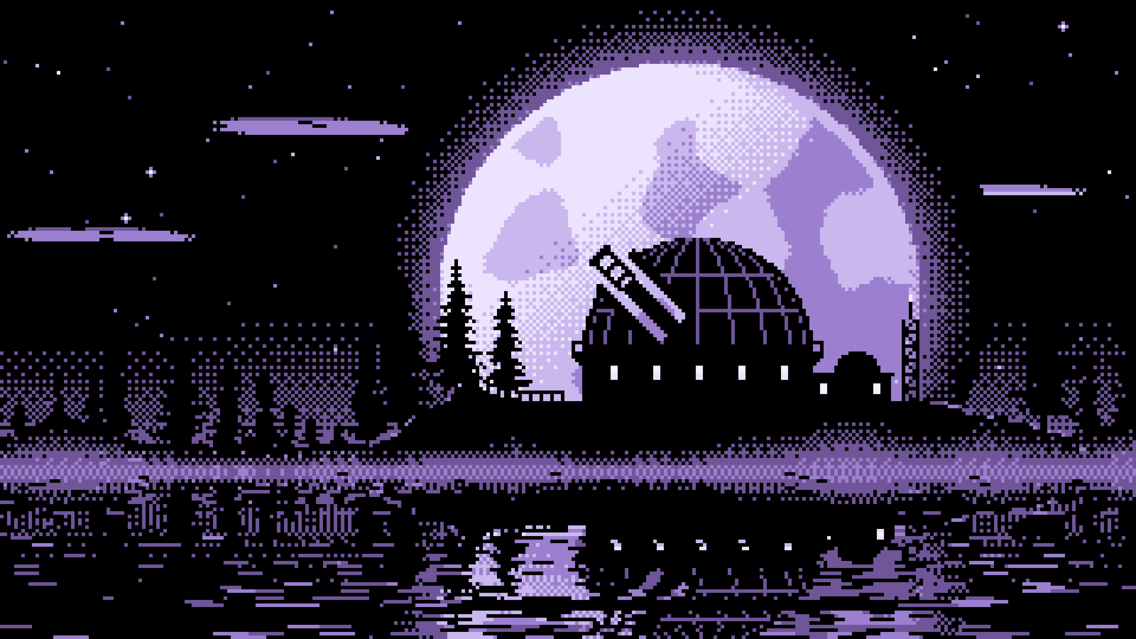 Lavender Pixel Art Observatory and Full Moon desktop wallpaper in 4K