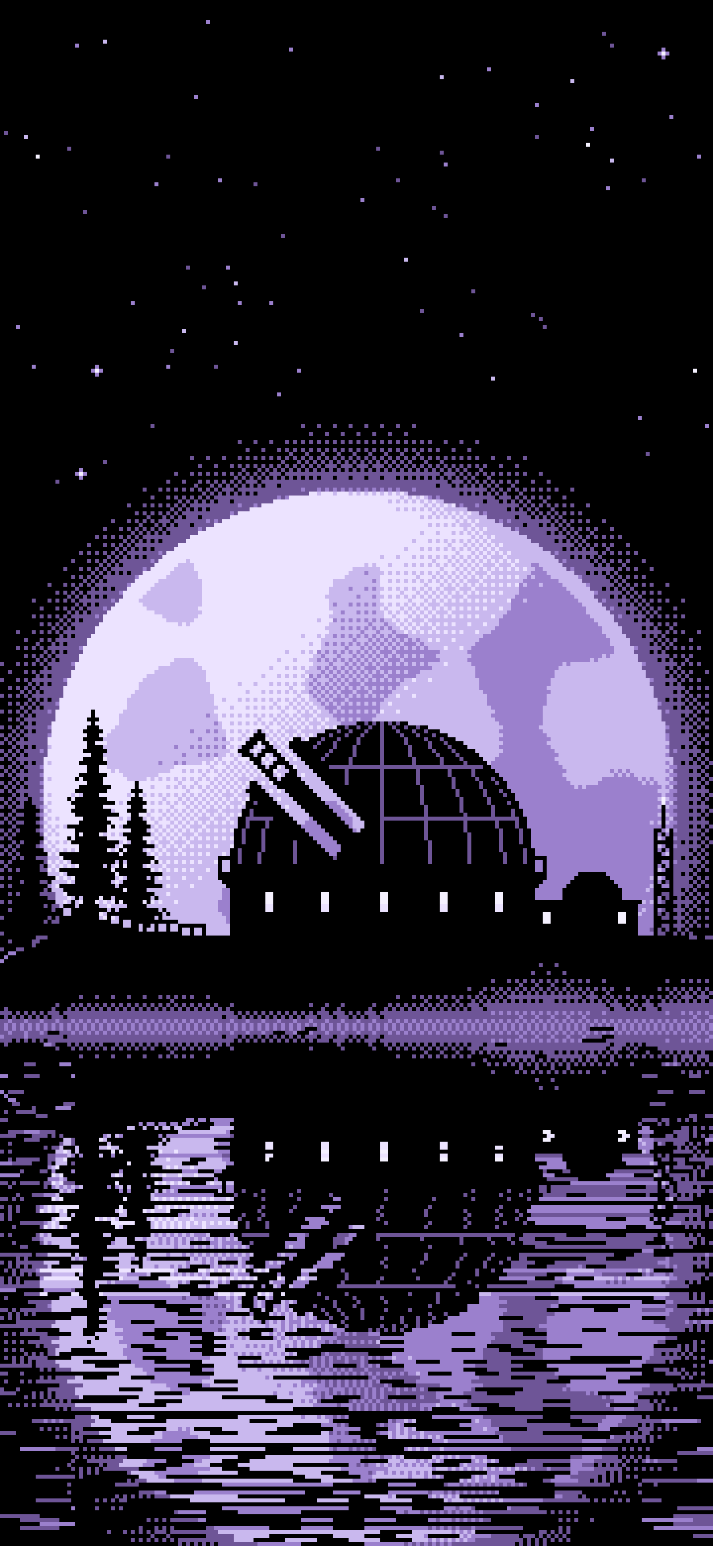 Lavender Pixel Art Observatory and Full Moon wallpaper for iPhone and Android