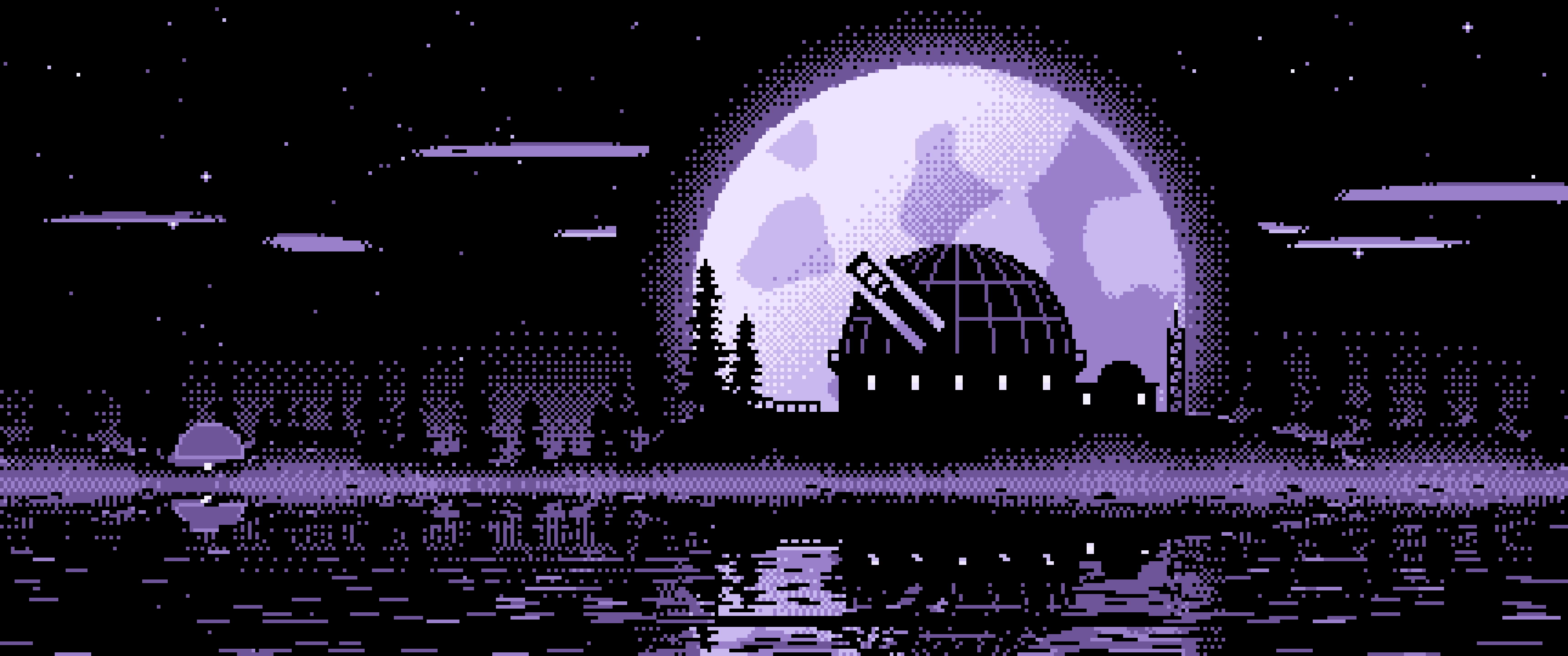 Lavender Pixel Art Observatory and Full Moon ultrawide wallpaper, 3440 × 1440