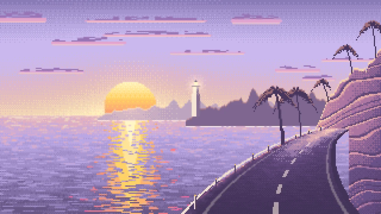 Lavender Pixel Art Ocean Road at Sunset desktop wallpaper in 4K
