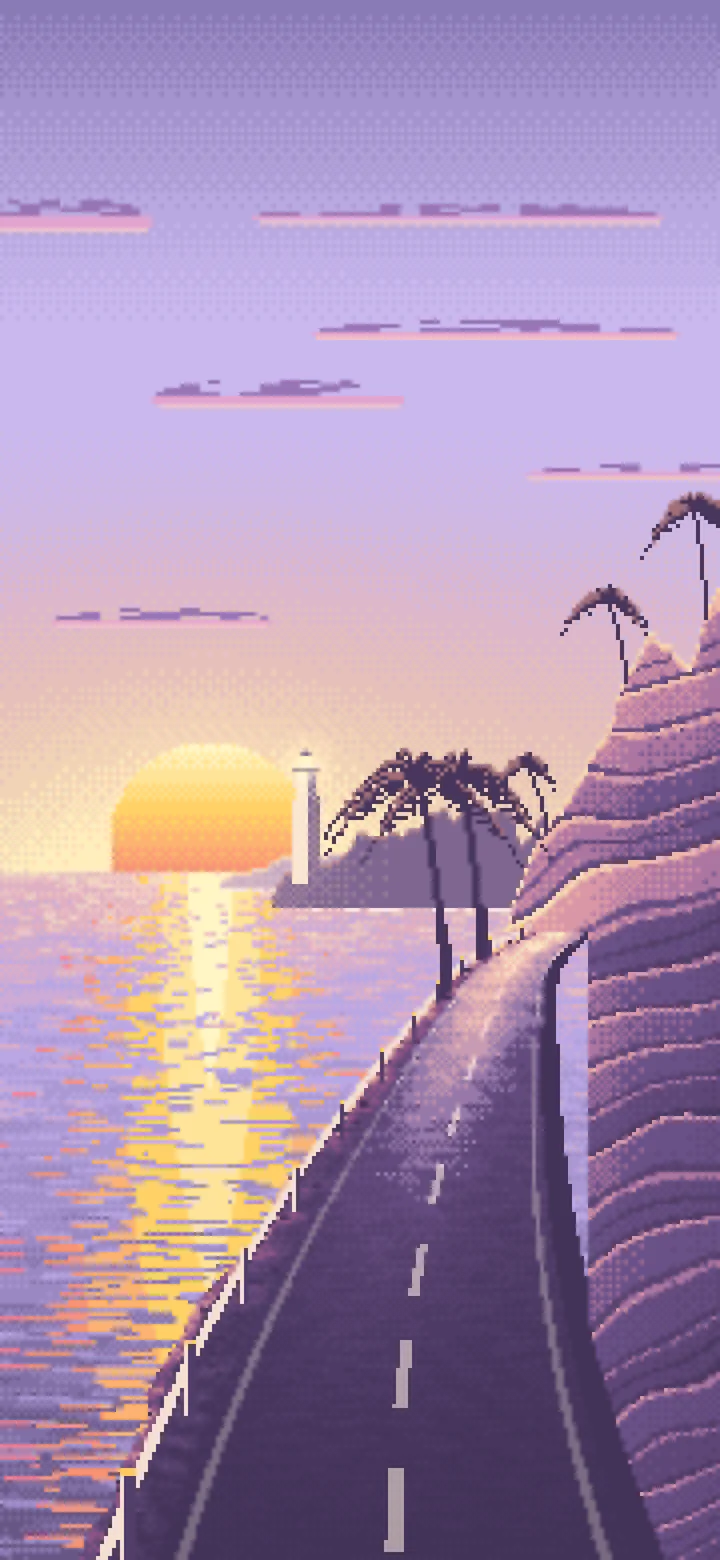 Lavender Pixel Art Ocean Road at Sunset wallpaper for iPhone and Android