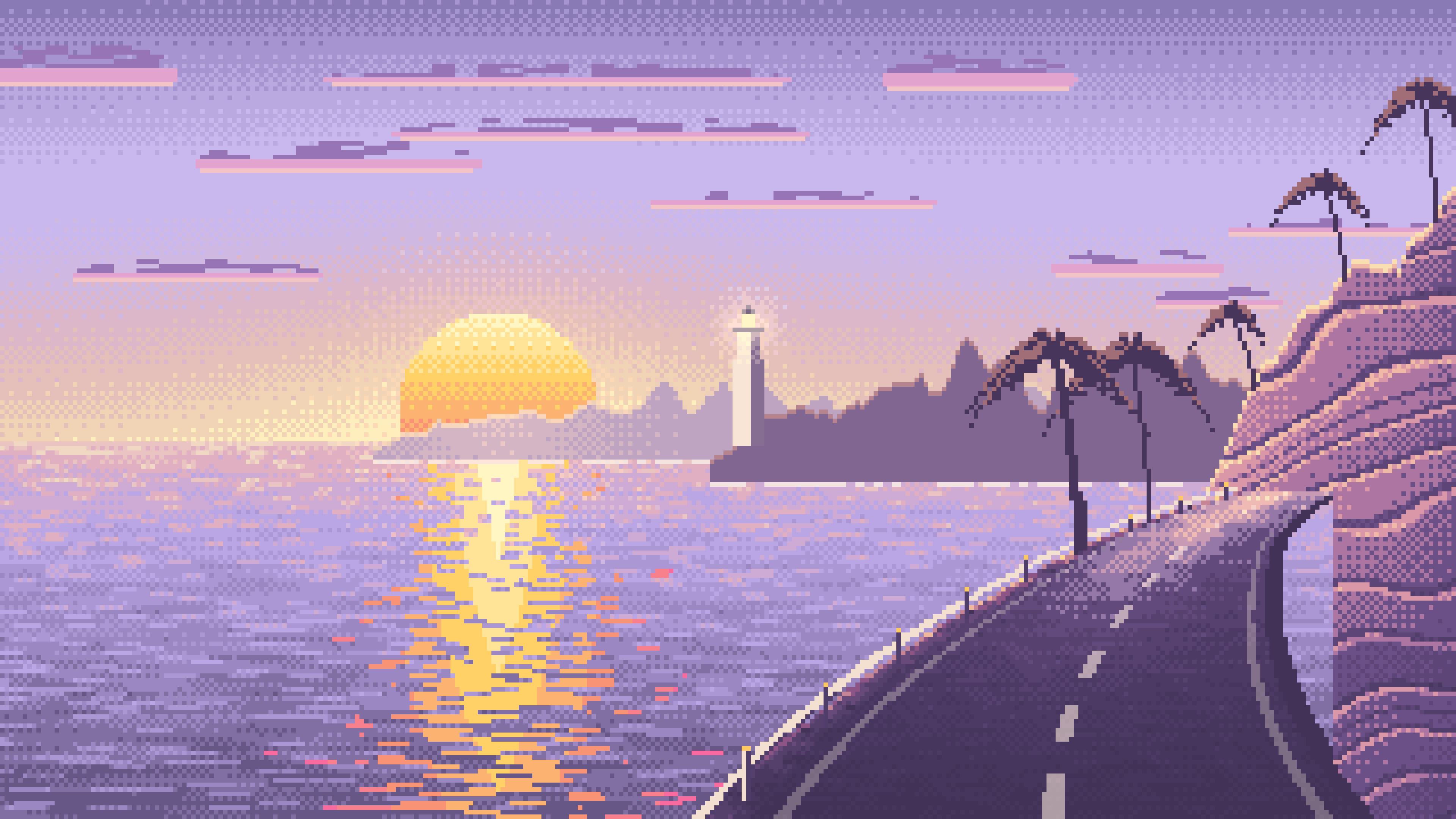 Lavender Pixel Art Ocean Road at Sunset desktop wallpaper in 4K