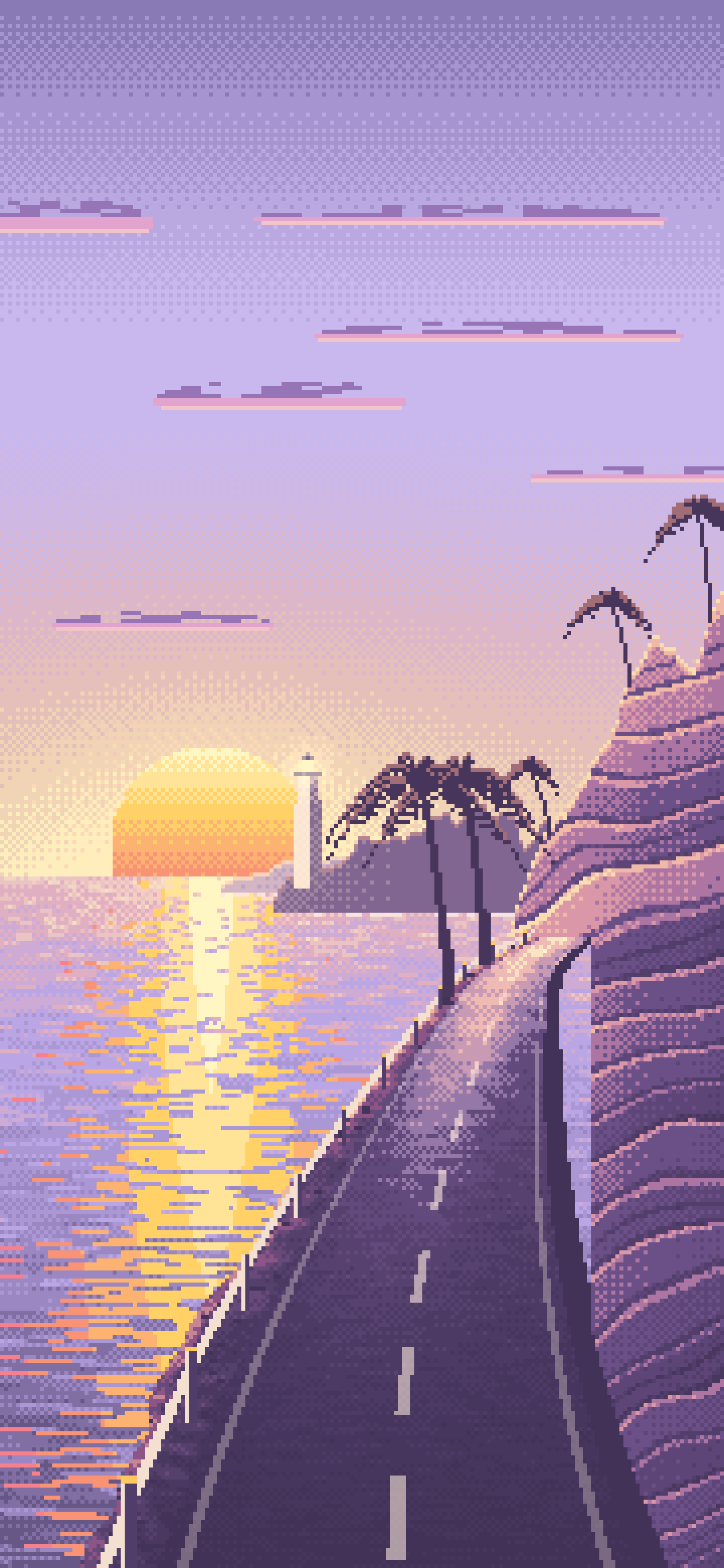 Lavender Pixel Art Ocean Road at Sunset wallpaper for iPhone and Android