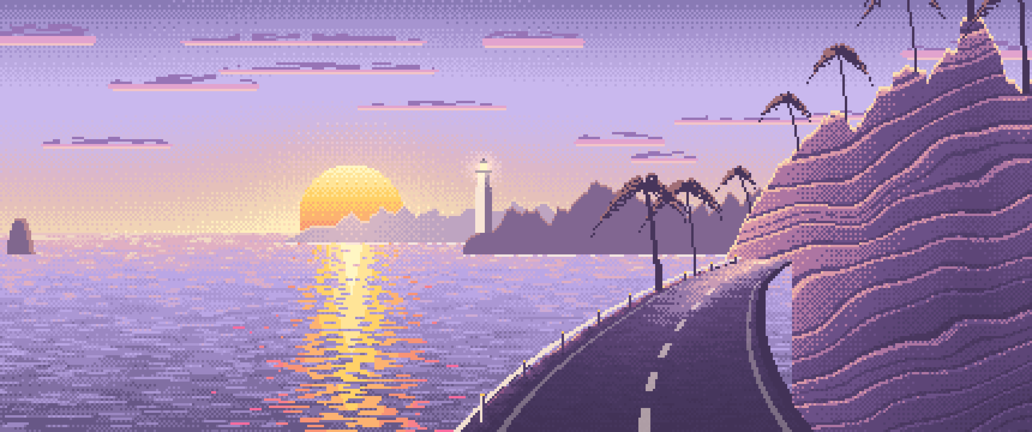 Lavender Pixel Art Ocean Road at Sunset ultrawide wallpaper, 3440 × 1440