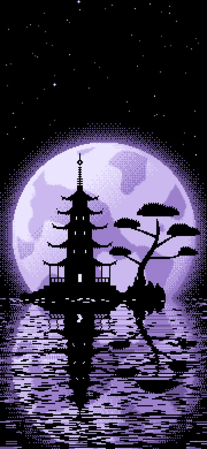 Lavender Pixel Art Pagoda and Full Moon wallpaper for iPhone and Android