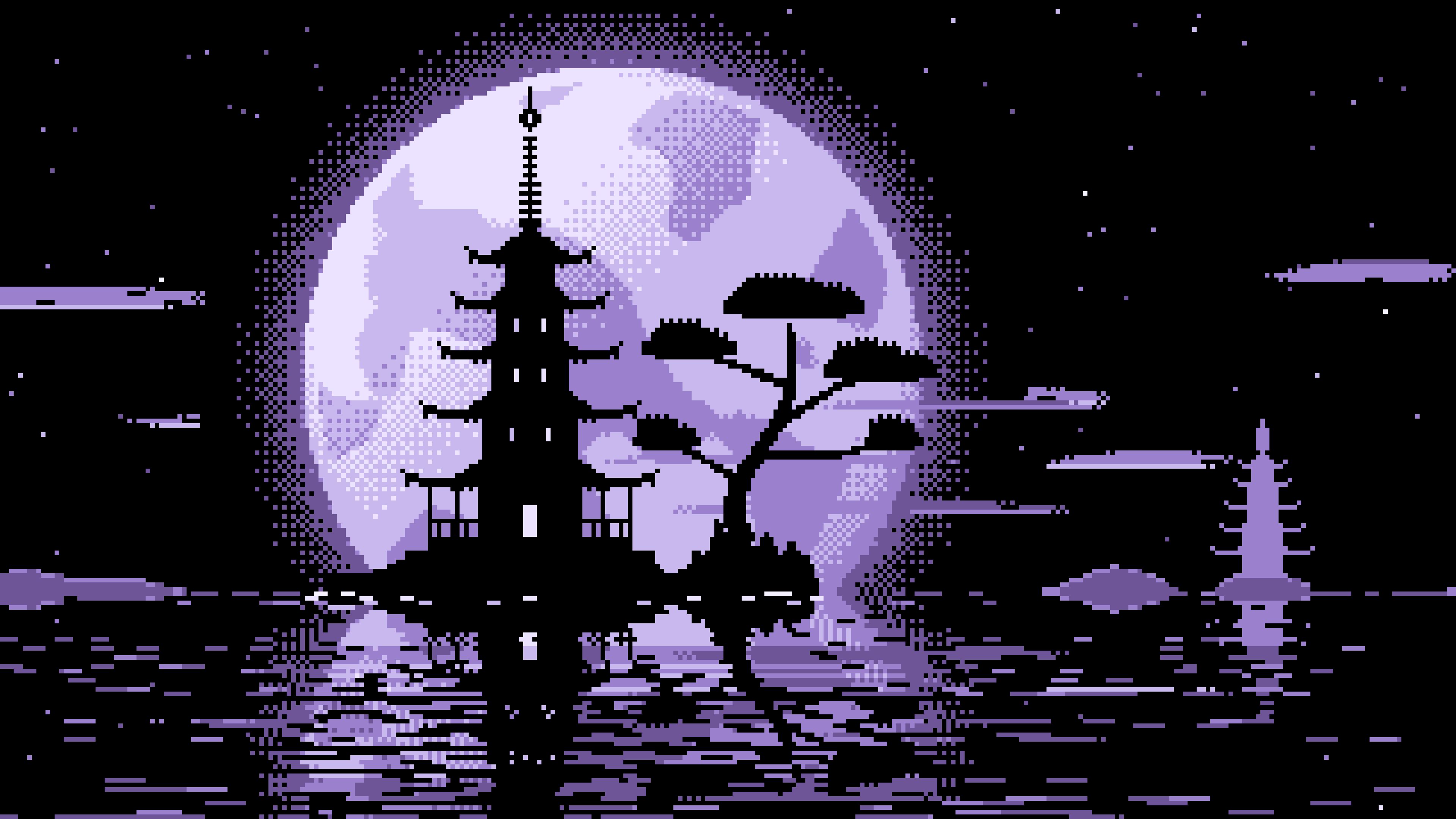Lavender Pixel Art Pagoda and Full Moon desktop wallpaper in 4K