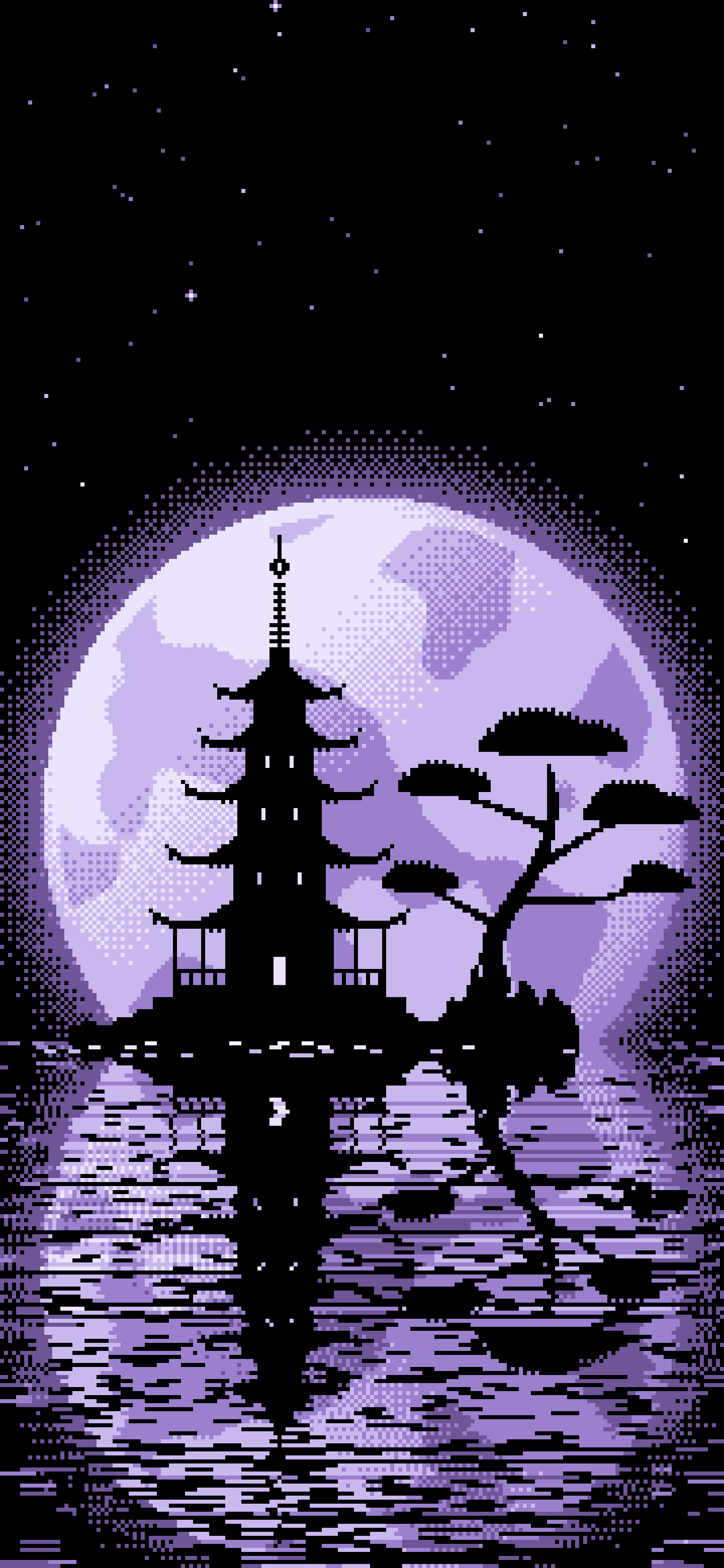 Lavender Pixel Art Pagoda and Full Moon wallpaper for iPhone and Android