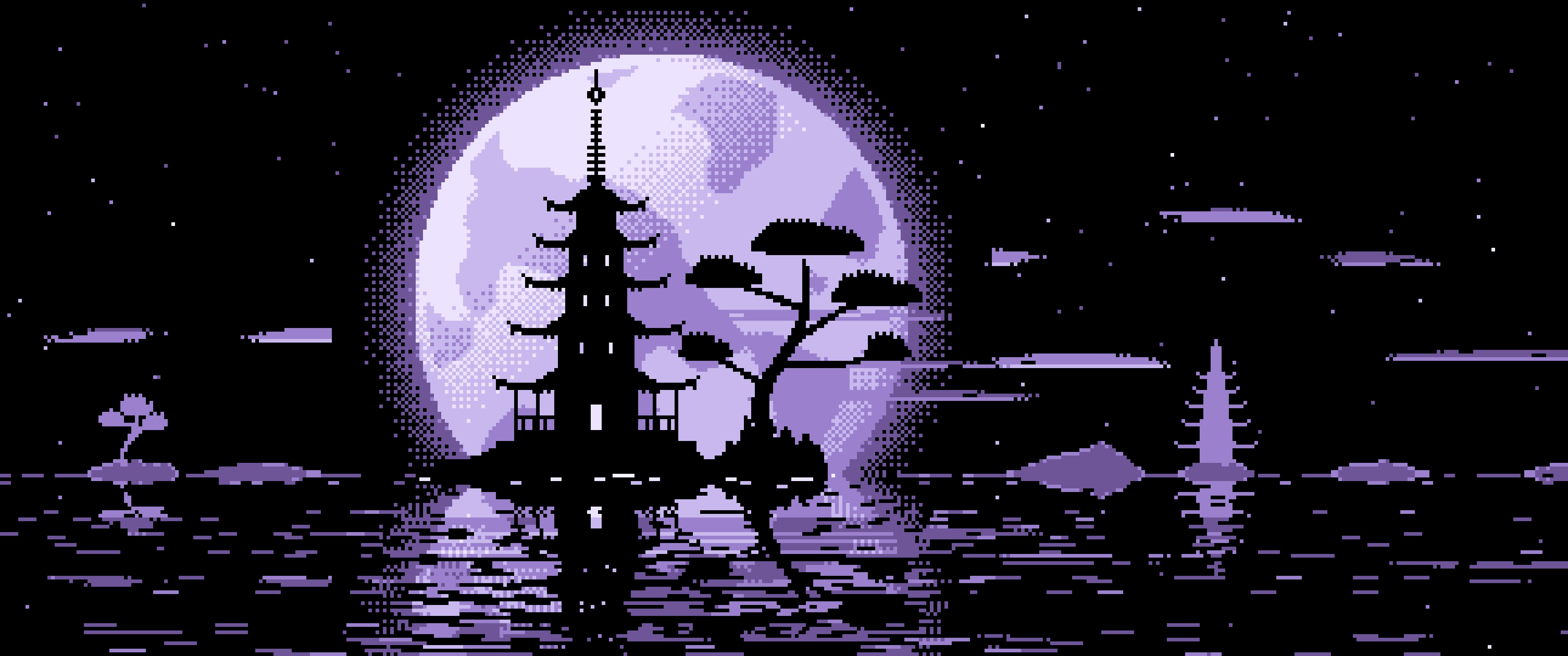 Lavender Pixel Art Pagoda and Full Moon ultrawide wallpaper, 3440 × 1440