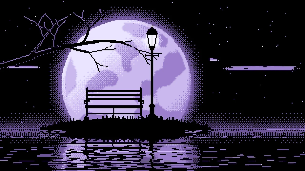 Lavender Pixel Art Park Bench and Full Moon desktop wallpaper in 4K