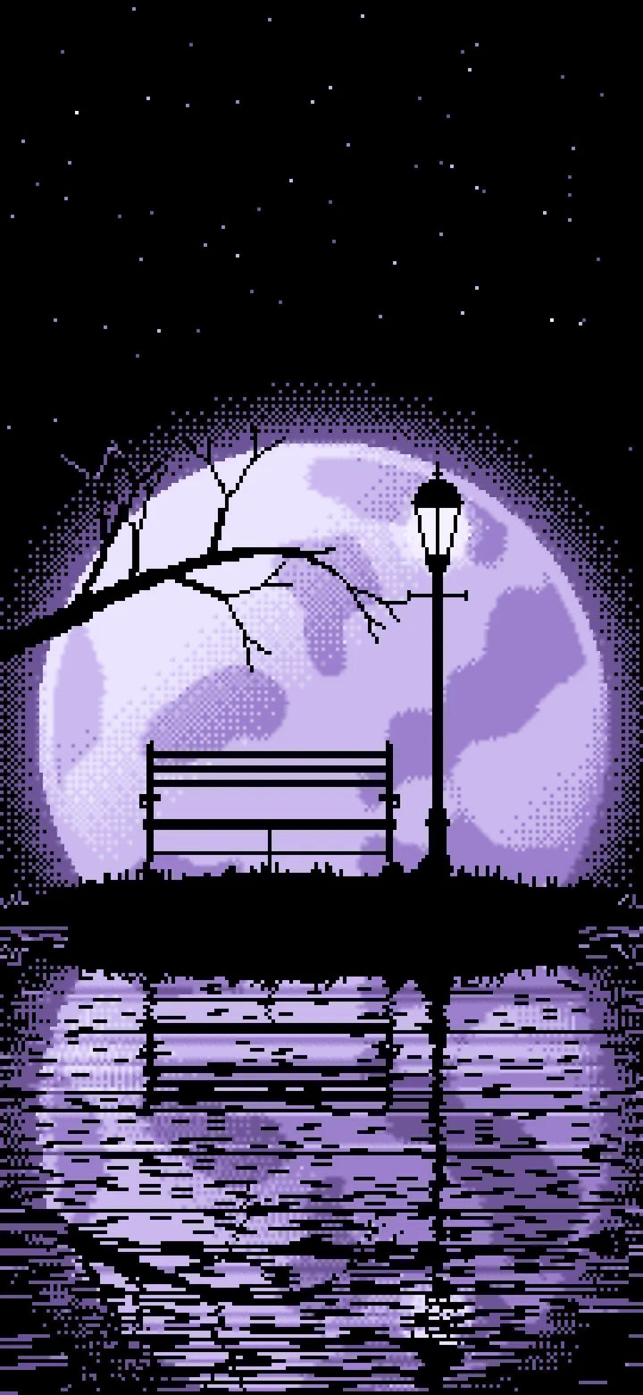 Lavender Pixel Art Park Bench and Full Moon wallpaper for iPhone and Android