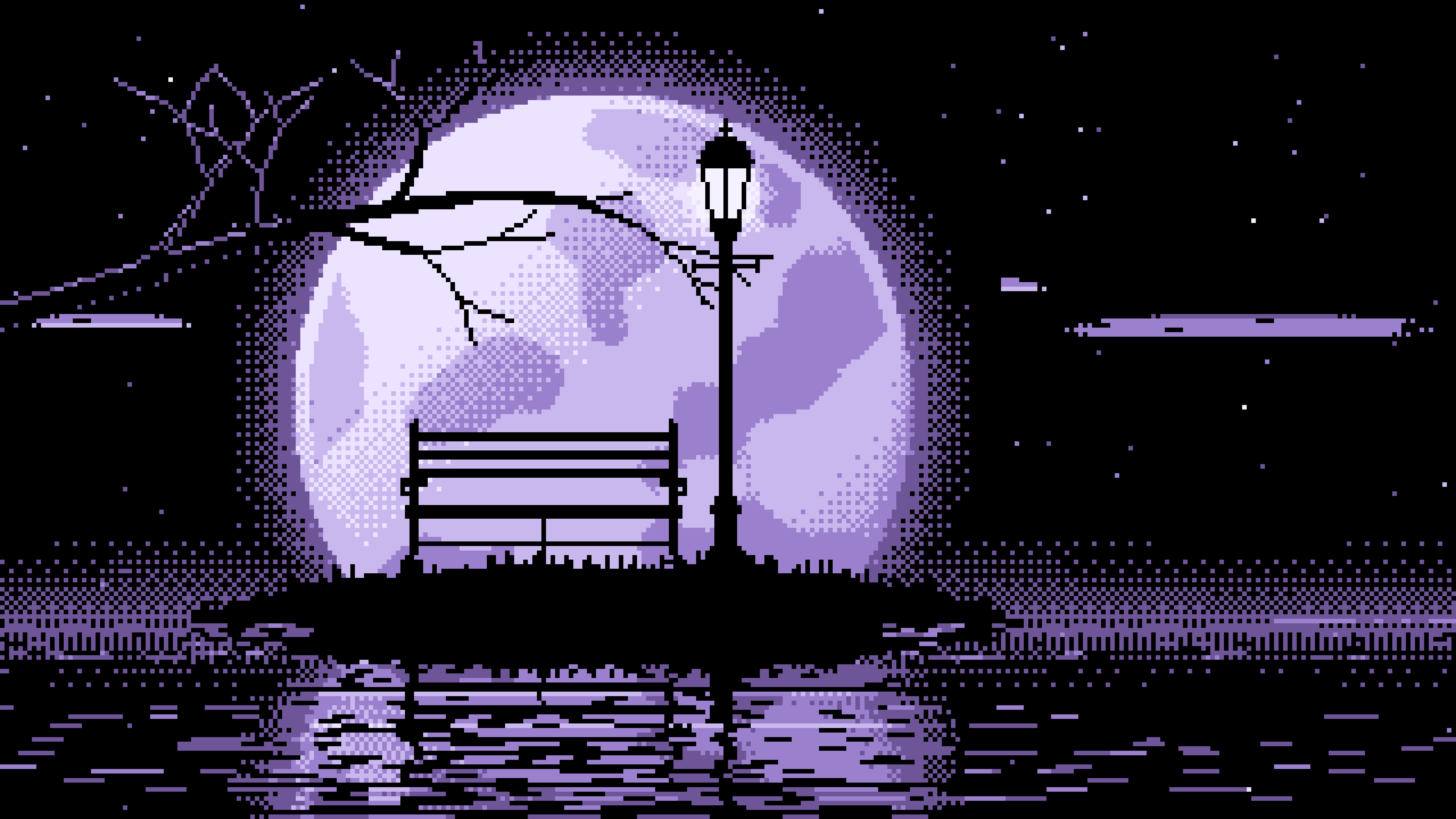 Lavender Pixel Art Park Bench and Full Moon desktop wallpaper in 4K
