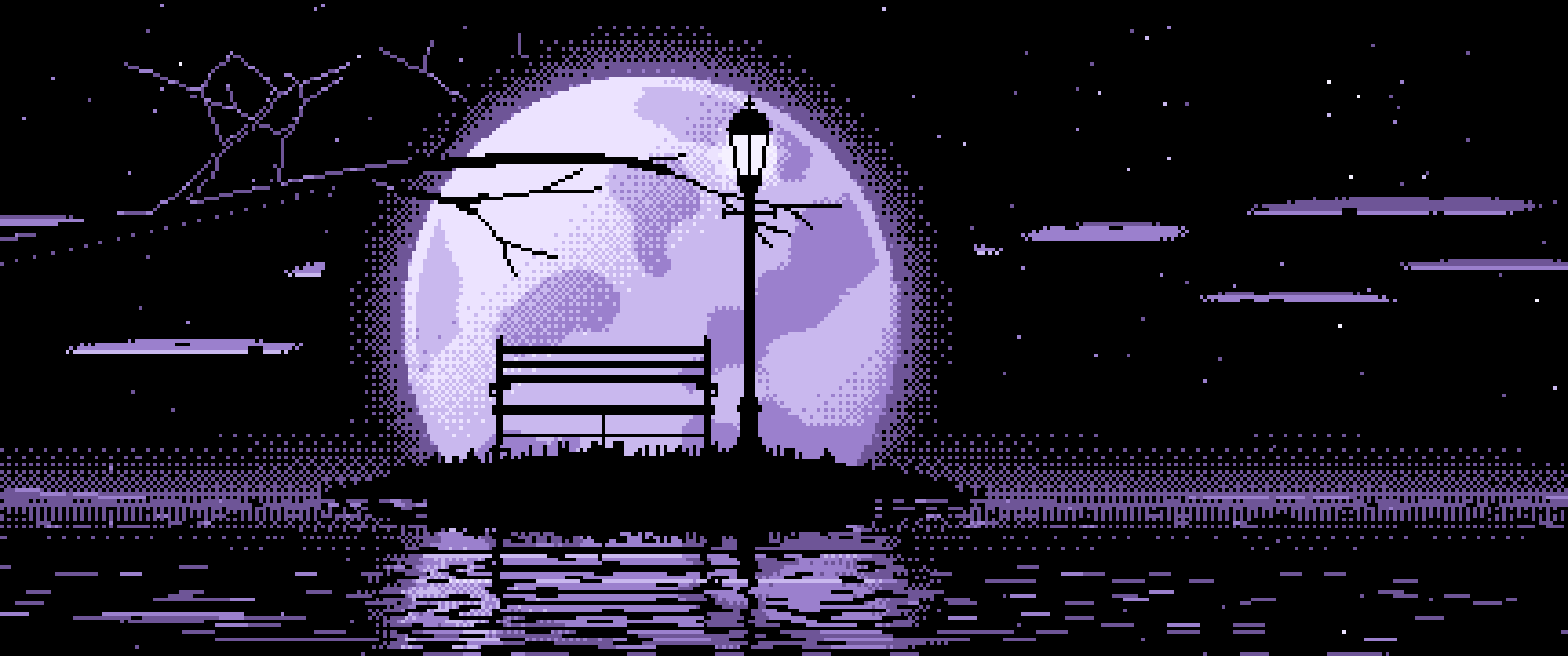 Lavender Pixel Art Park Bench and Full Moon ultrawide wallpaper, 3440 × 1440