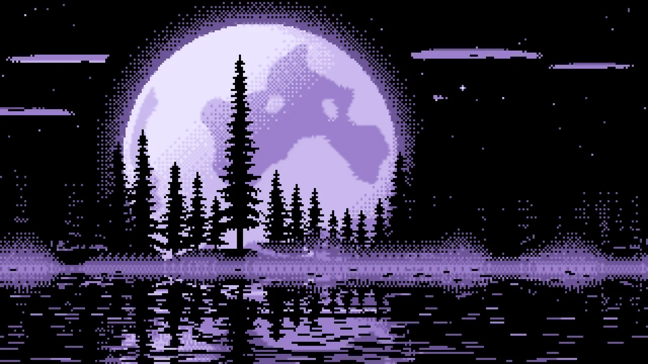 Lavender Pixel Art Pine Trees and Full Moon desktop wallpaper in 4K