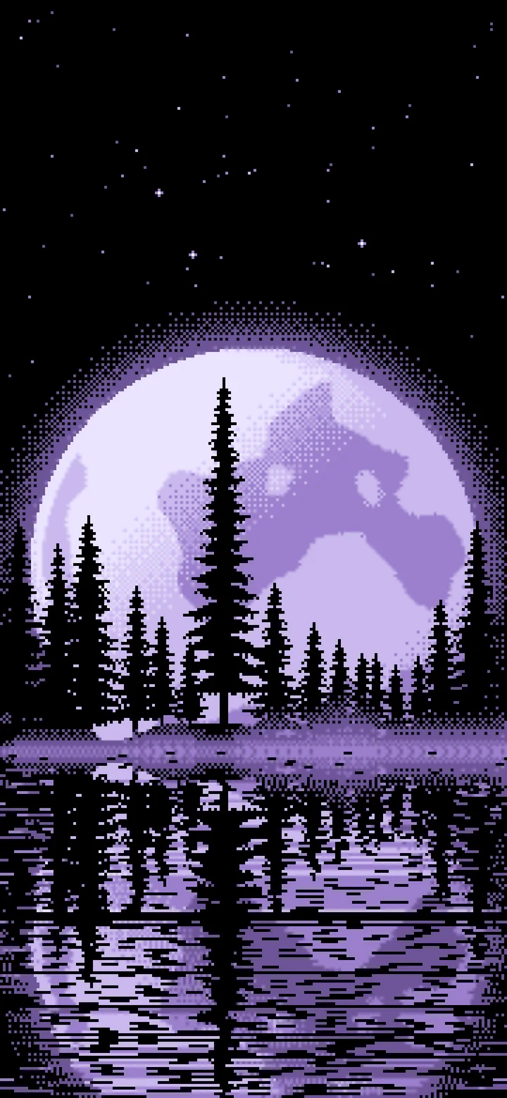 Lavender Pixel Art Pine Trees and Full Moon wallpaper for iPhone and Android