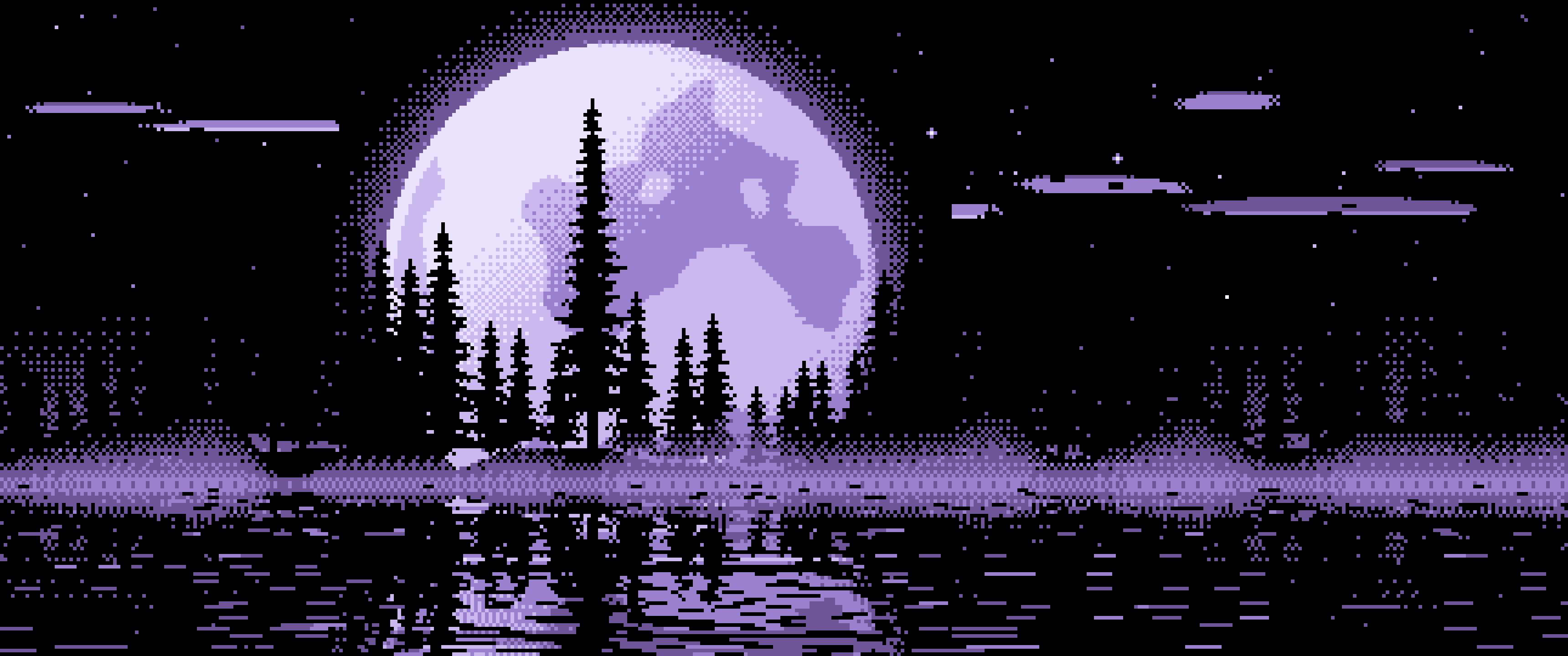 Lavender Pixel Art Pine Trees and Full Moon ultrawide wallpaper, 3440 × 1440