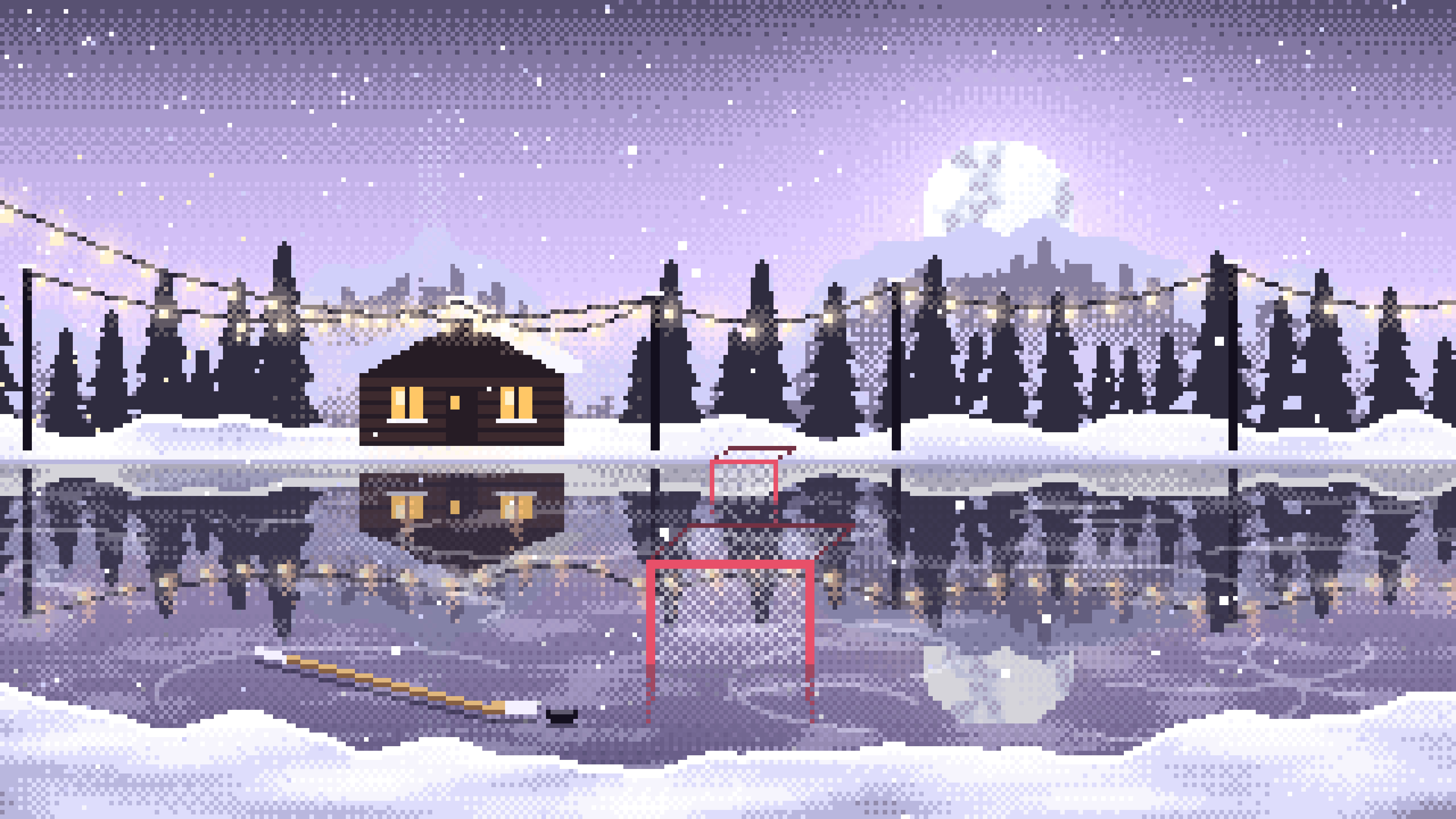 Lavender Pixel Art Pond Hockey Rink desktop wallpaper in 4K