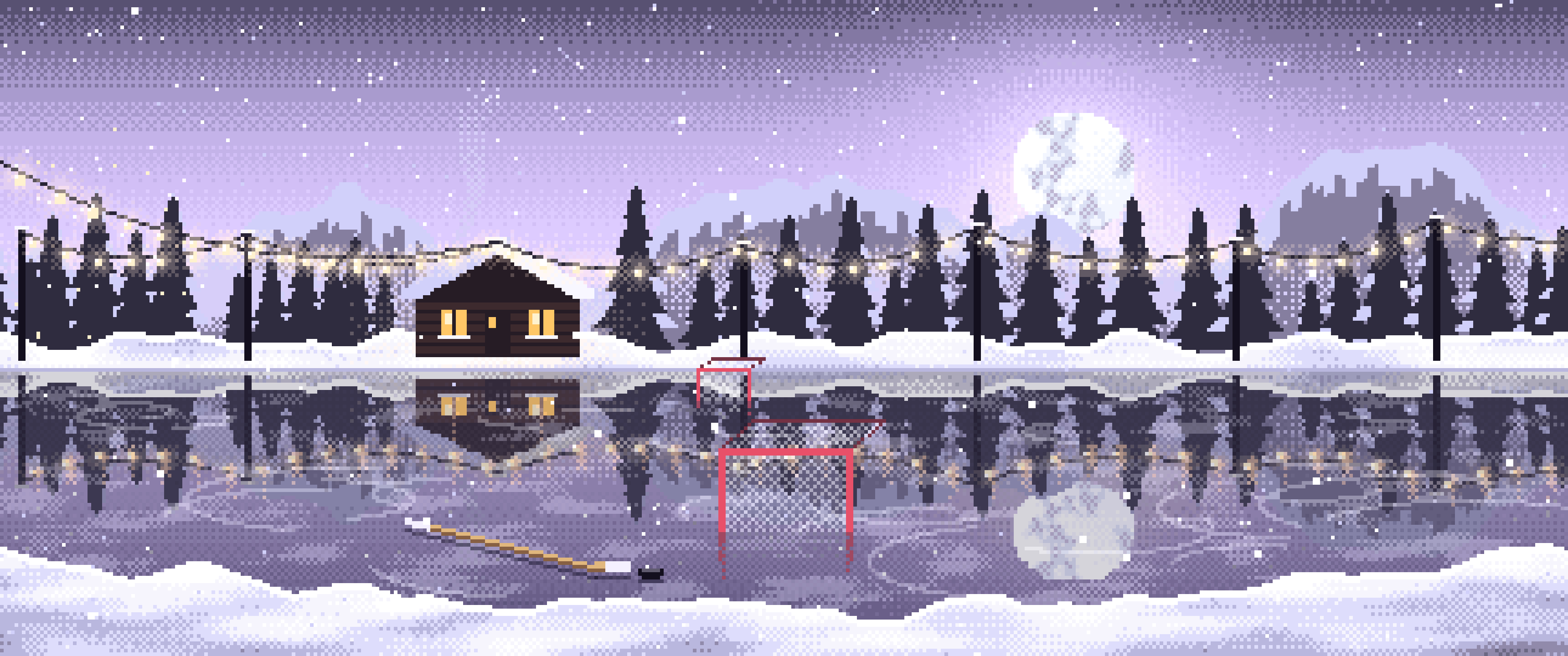 Lavender Pixel Art Pond Hockey Rink ultrawide wallpaper, 3440 × 1440
