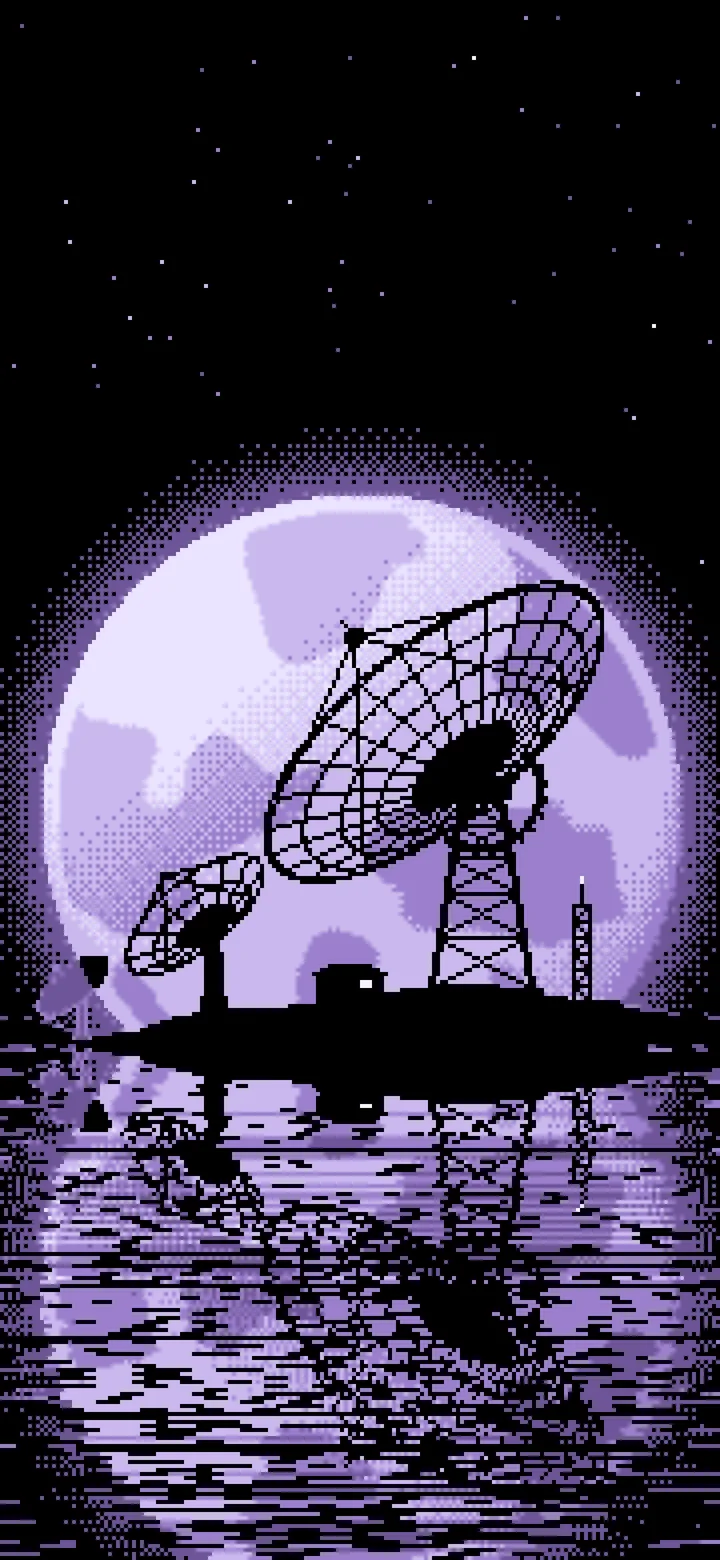 Lavender Pixel Art Radio Telescope and Full Moon wallpaper for iPhone and Android