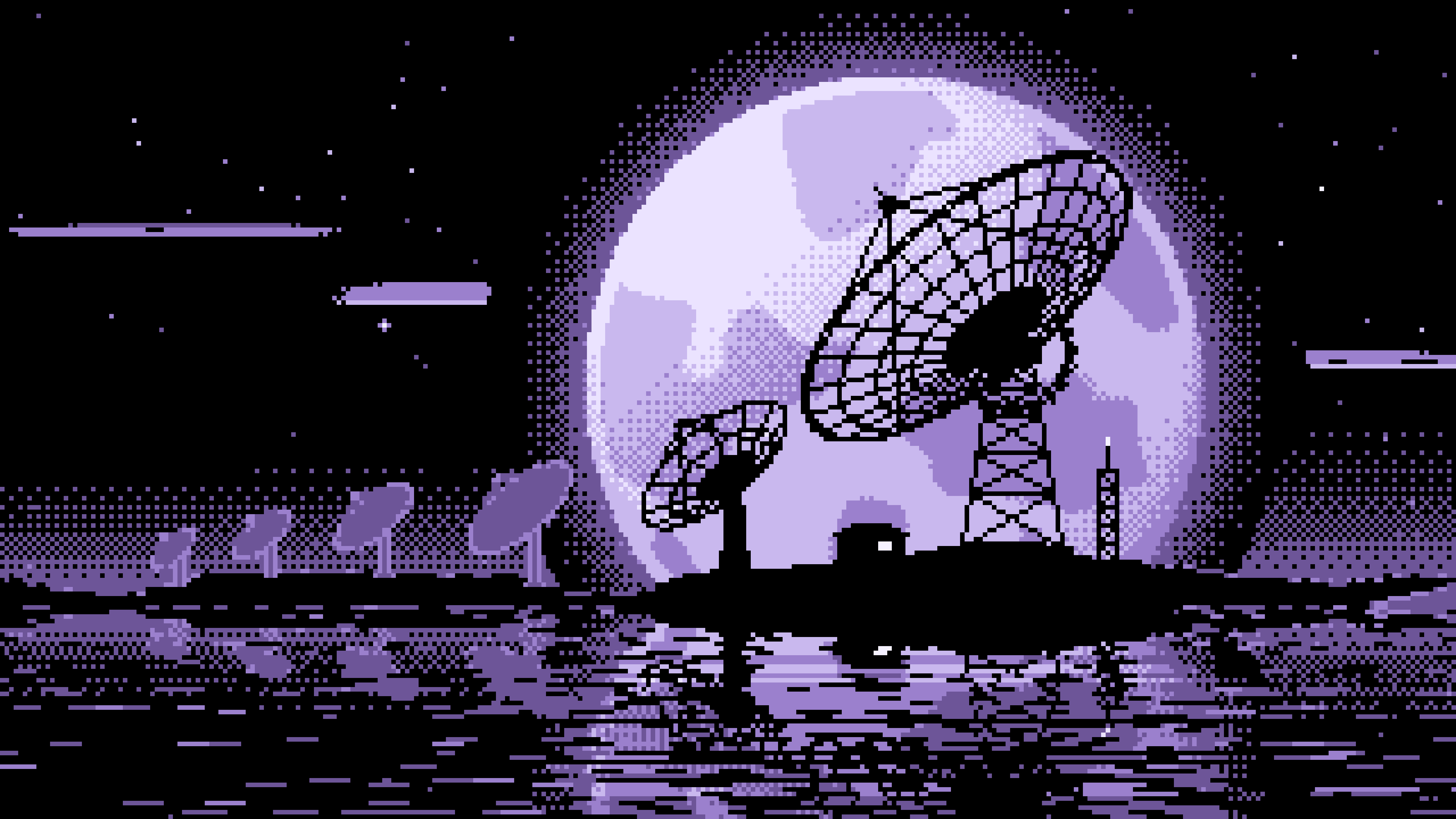 Lavender Pixel Art Radio Telescope and Full Moon desktop wallpaper in 4K