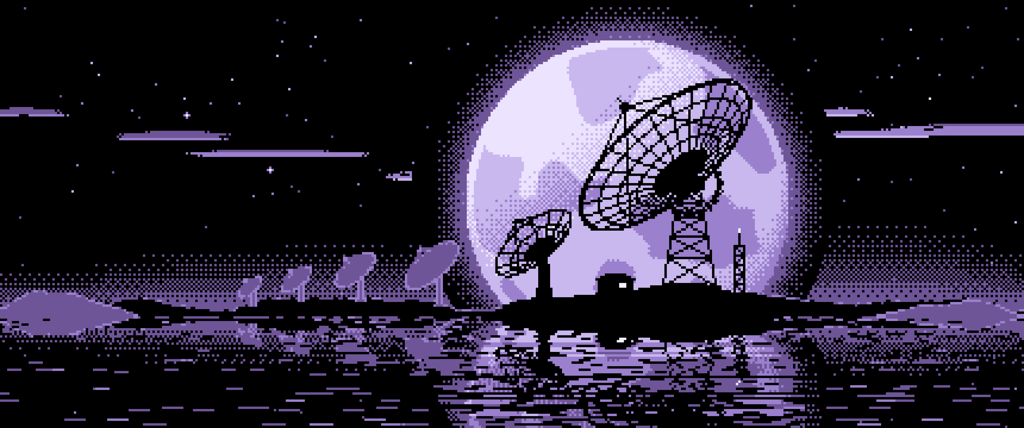 Lavender Pixel Art Radio Telescope and Full Moon ultrawide wallpaper, 3440 × 1440