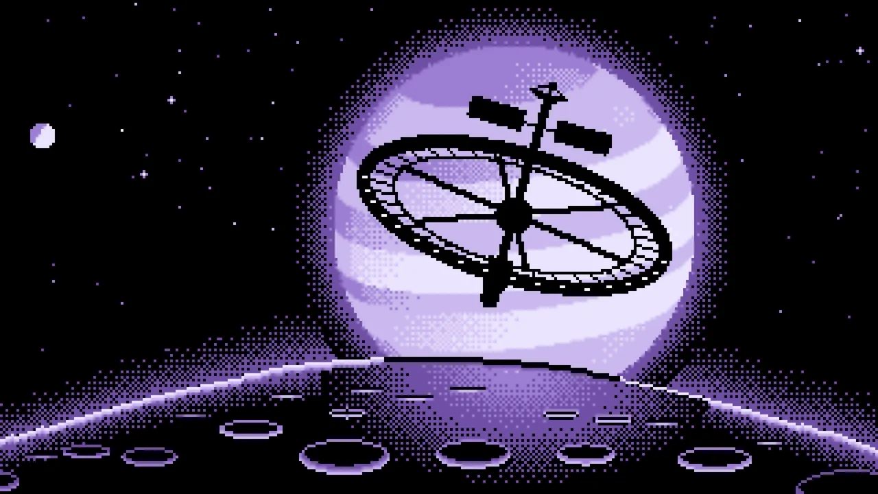 Lavender Pixel Art Ring Space Station and Planet desktop wallpaper in 4K