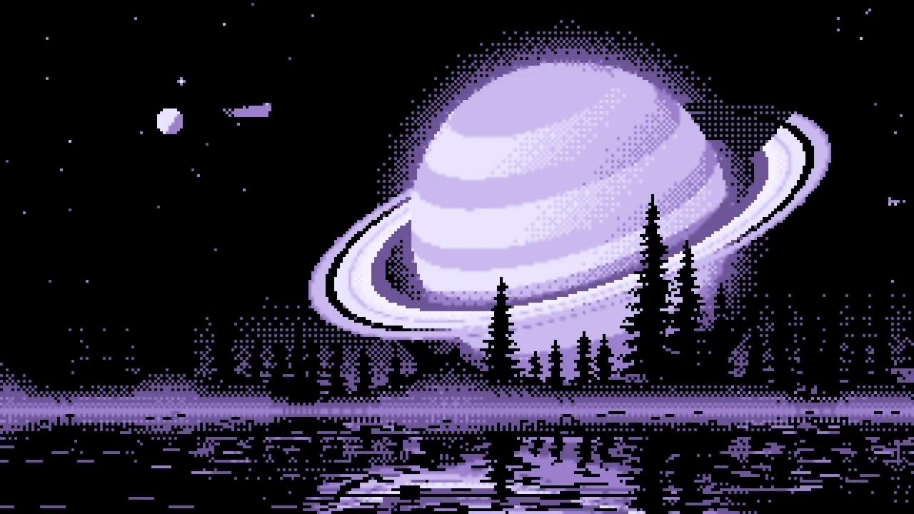 Lavender Pixel Art Ringed Planet and Pine Trees desktop wallpaper in 4K