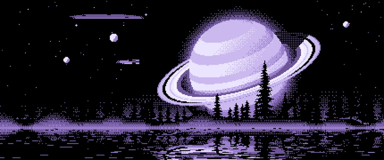 Lavender Pixel Art Ringed Planet and Pine Trees ultrawide wallpaper, 3440 × 1440