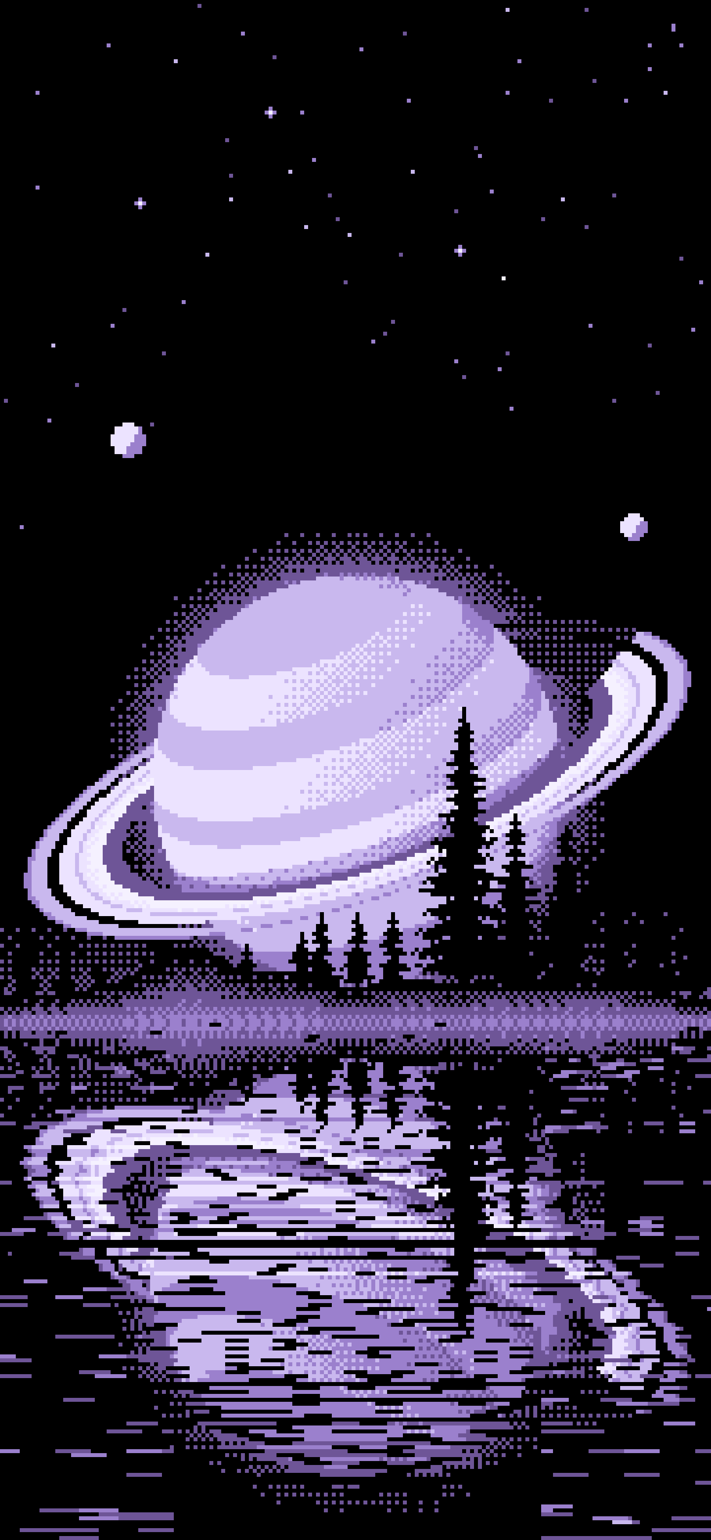 Lavender Pixel Art Ringed Planet and Pine Trees wallpaper for iPhone and Android