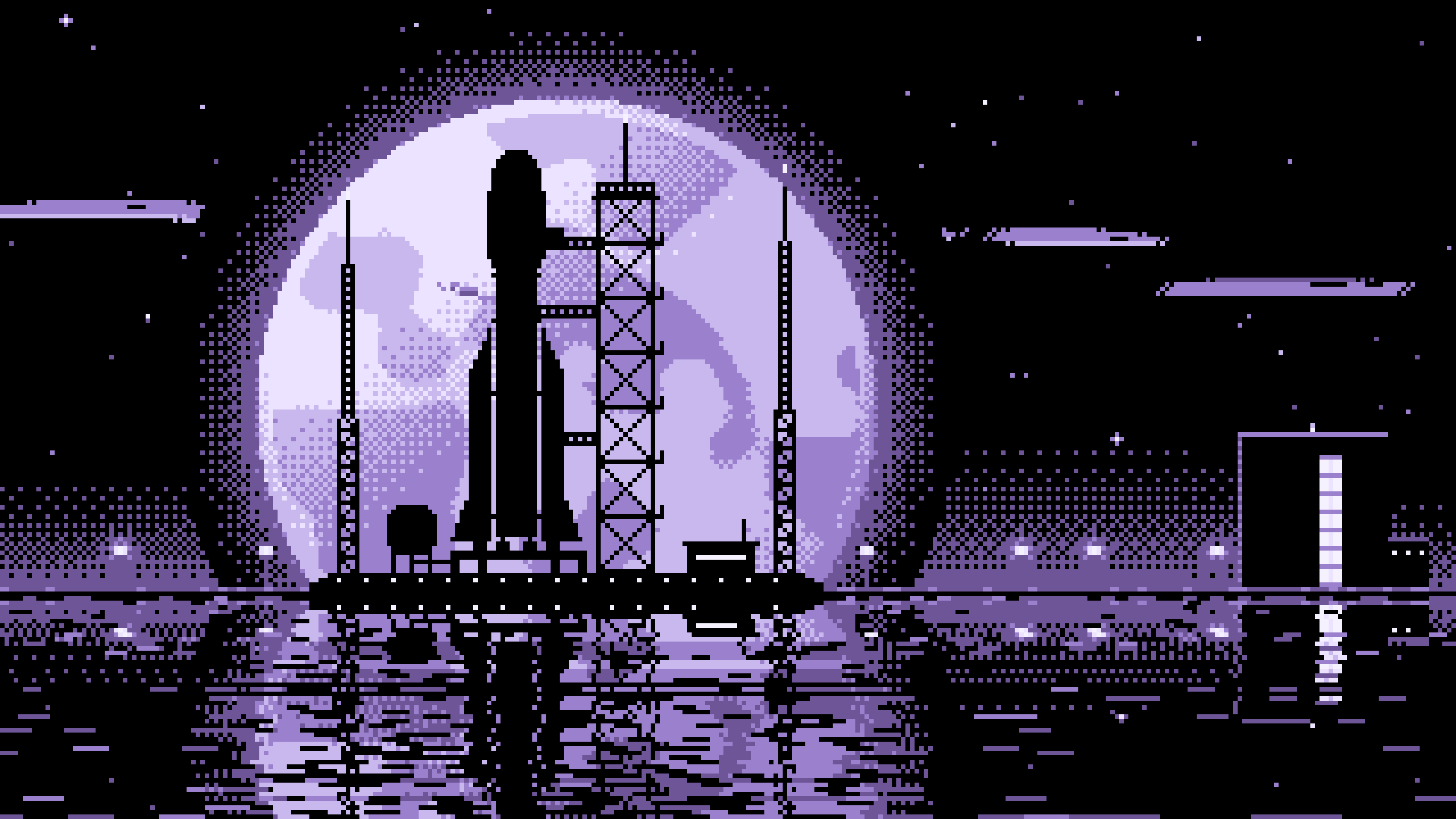 Lavender Pixel Art Rocket and Full Moon desktop wallpaper in 4K