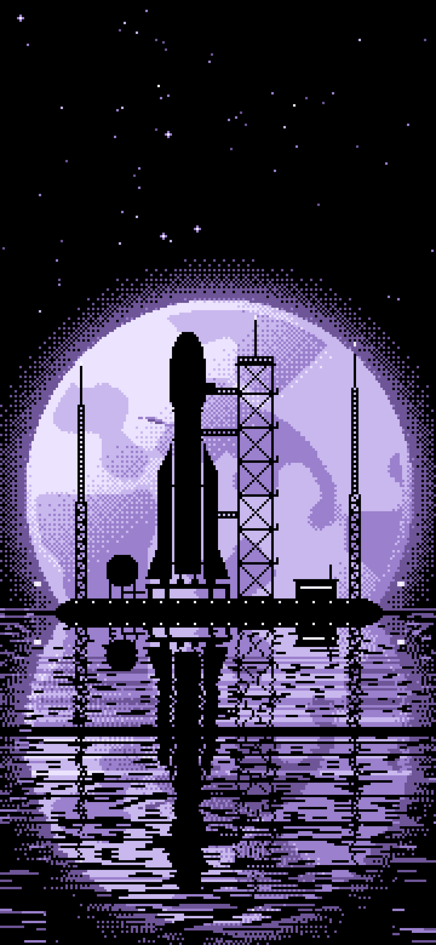 Lavender Pixel Art Rocket and Full Moon wallpaper for iPhone and Android