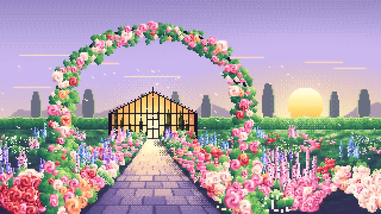 Lavender Pixel Art Rose Garden at Sunset desktop wallpaper in 4K