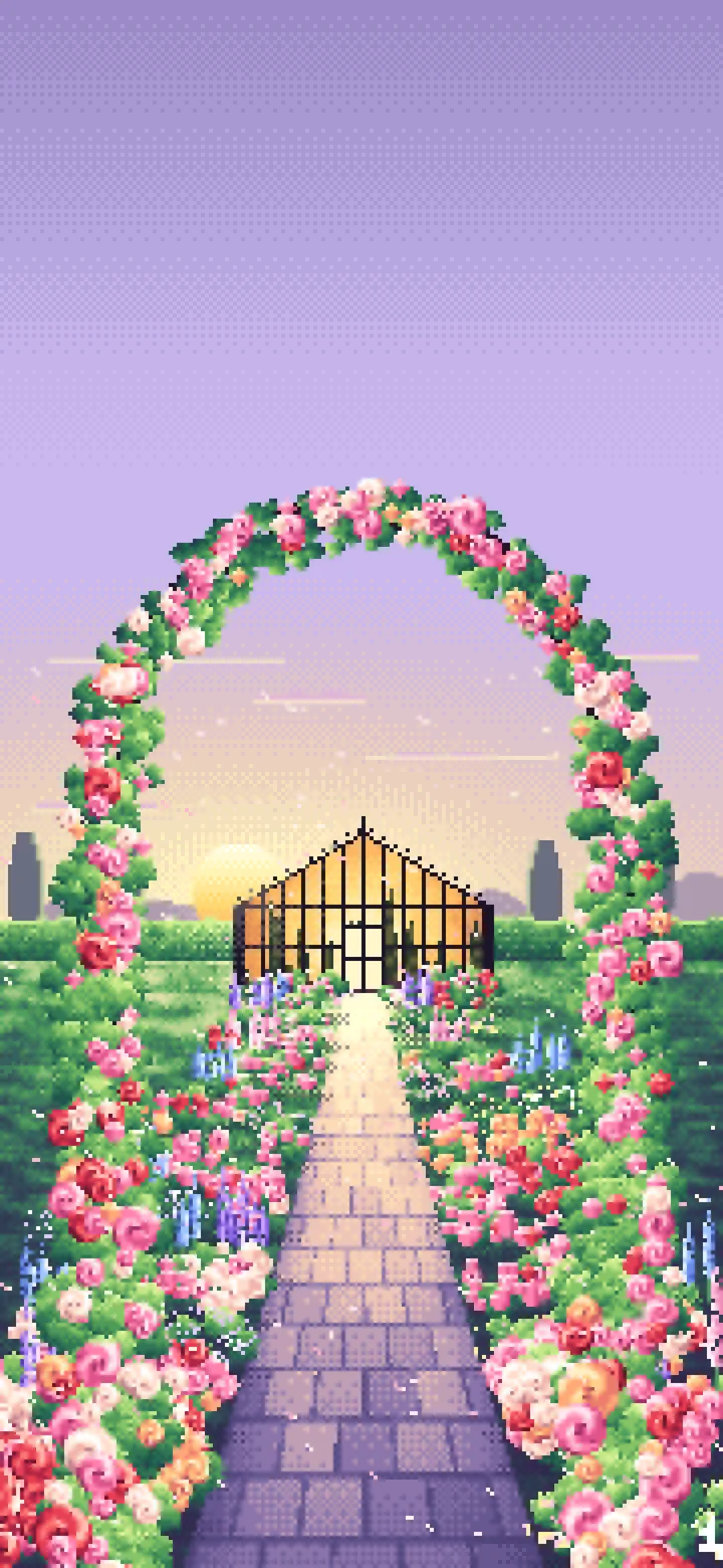 Lavender Pixel Art Rose Garden at Sunset wallpaper for iPhone and Android