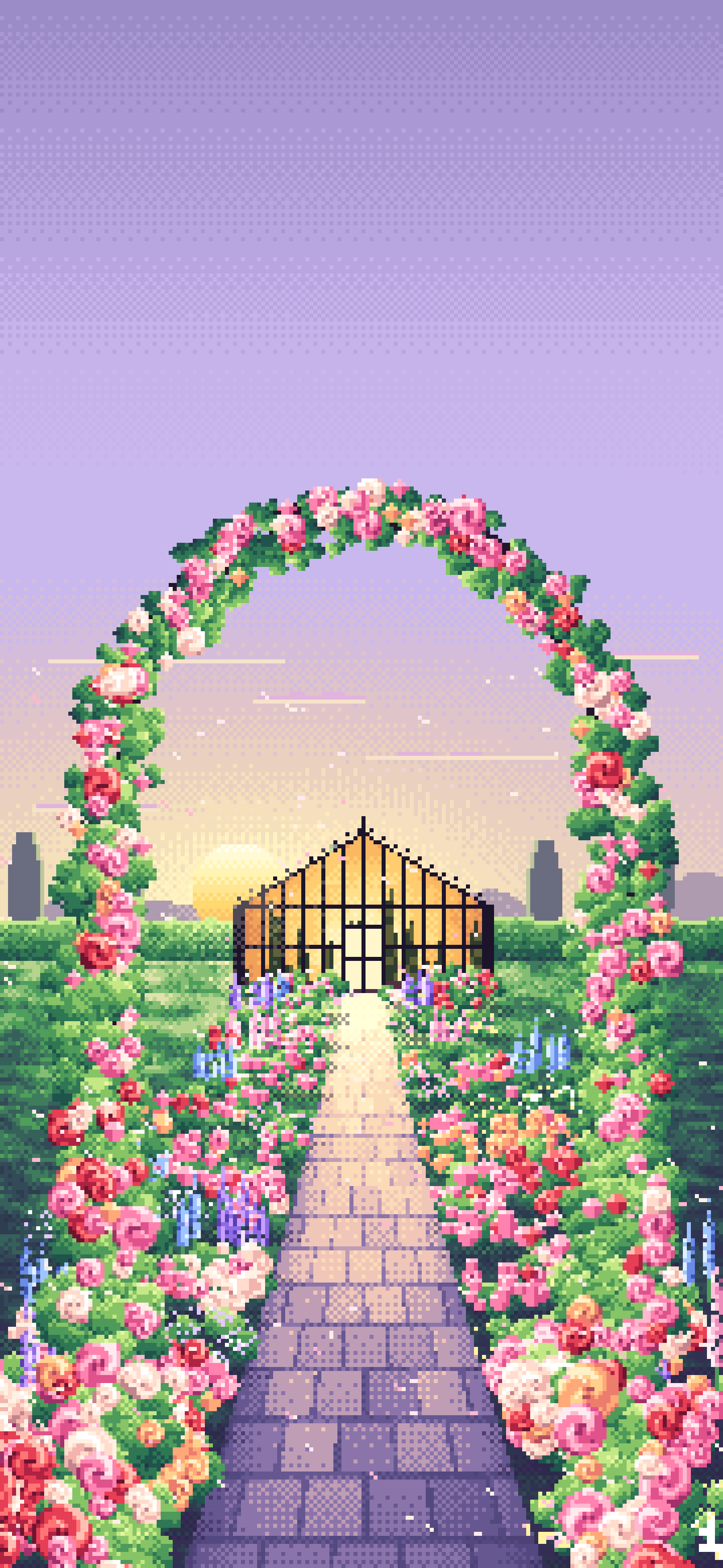 Lavender Pixel Art Rose Garden at Sunset wallpaper for iPhone and Android
