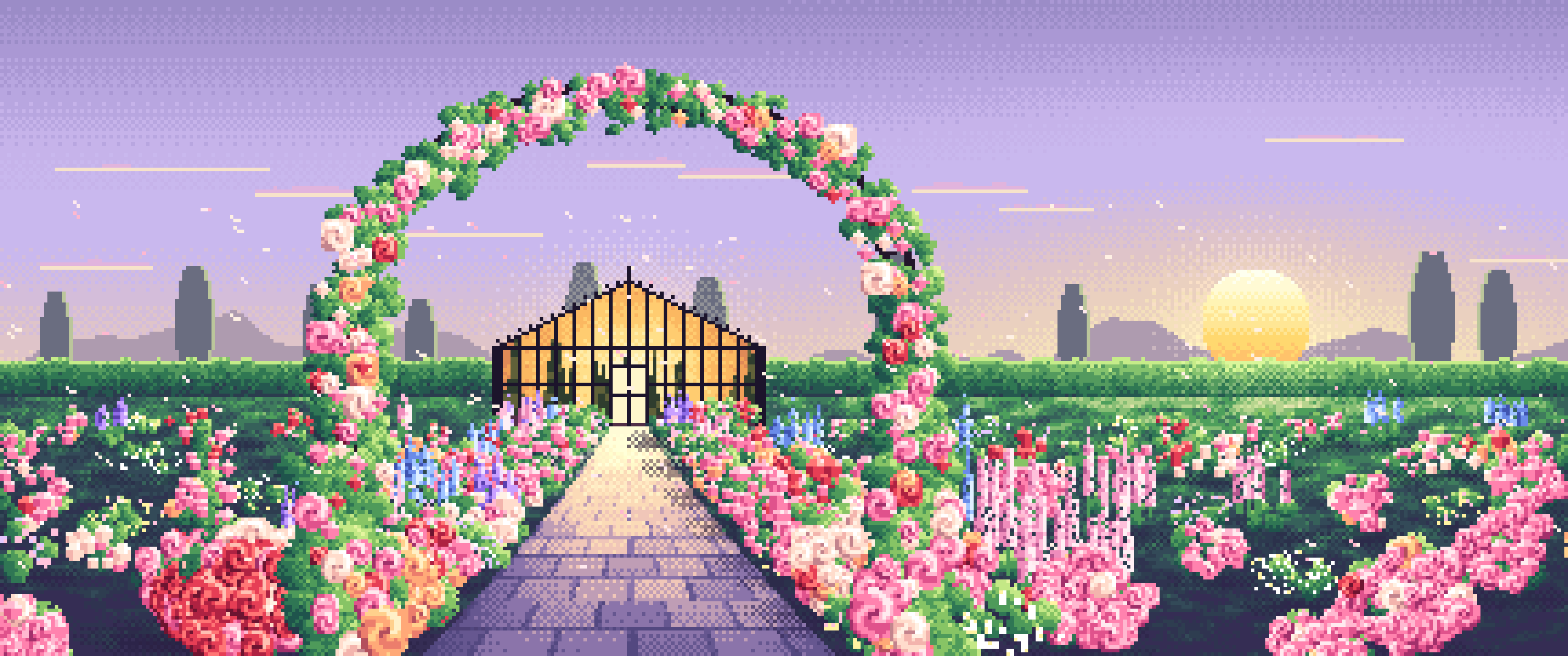 Lavender Pixel Art Rose Garden at Sunset ultrawide wallpaper, 3440 × 1440